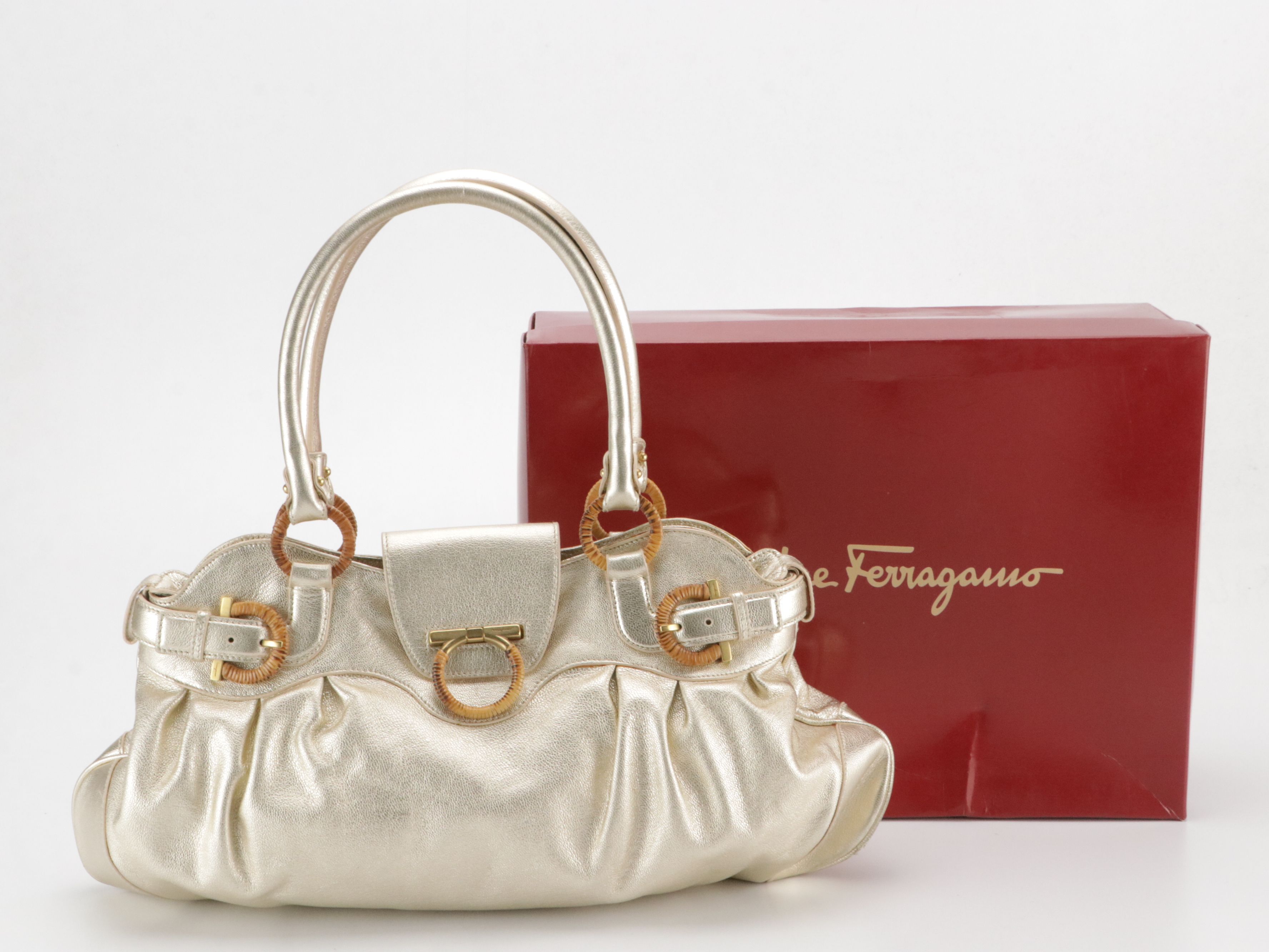 Salvatore Ferragamo Gancini Satchel in Metallic Leather with Wrapped Hardware