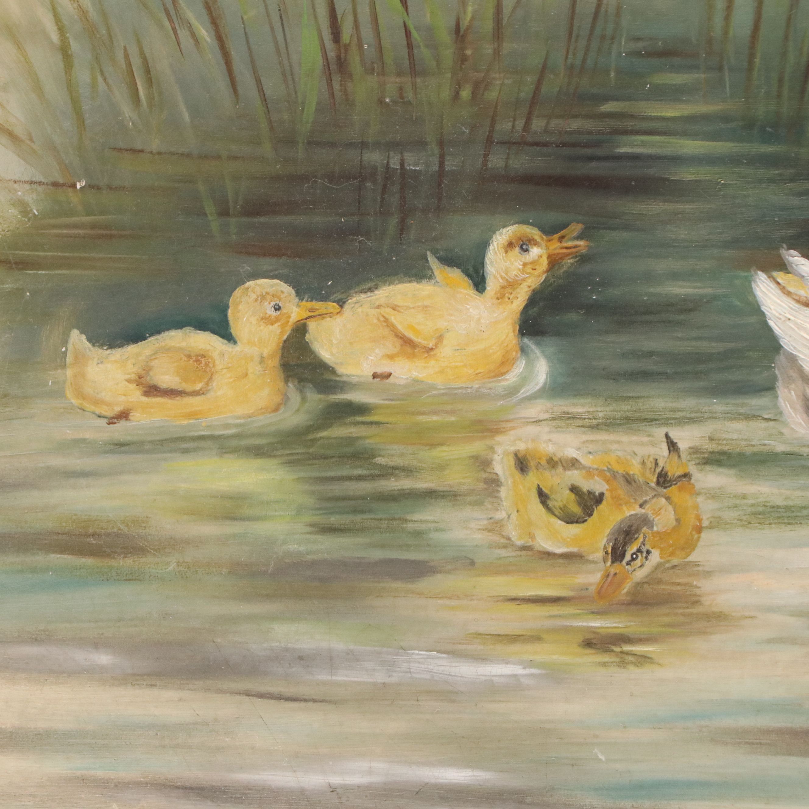 Oil Painting of Duck and Her Ducklings, Early Mid-20th Century