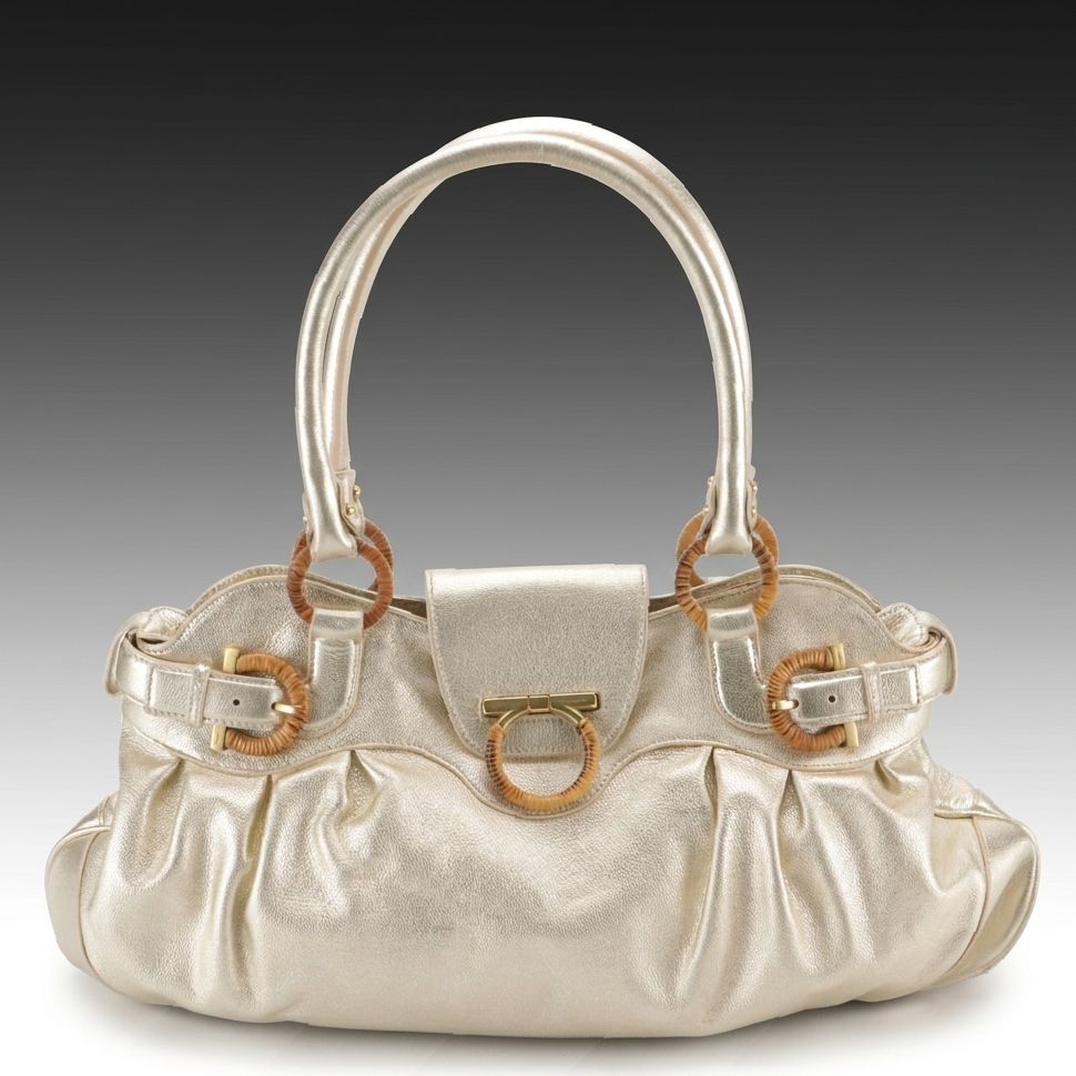 Salvatore Ferragamo Gancini Satchel in Metallic Leather with Wrapped Hardware