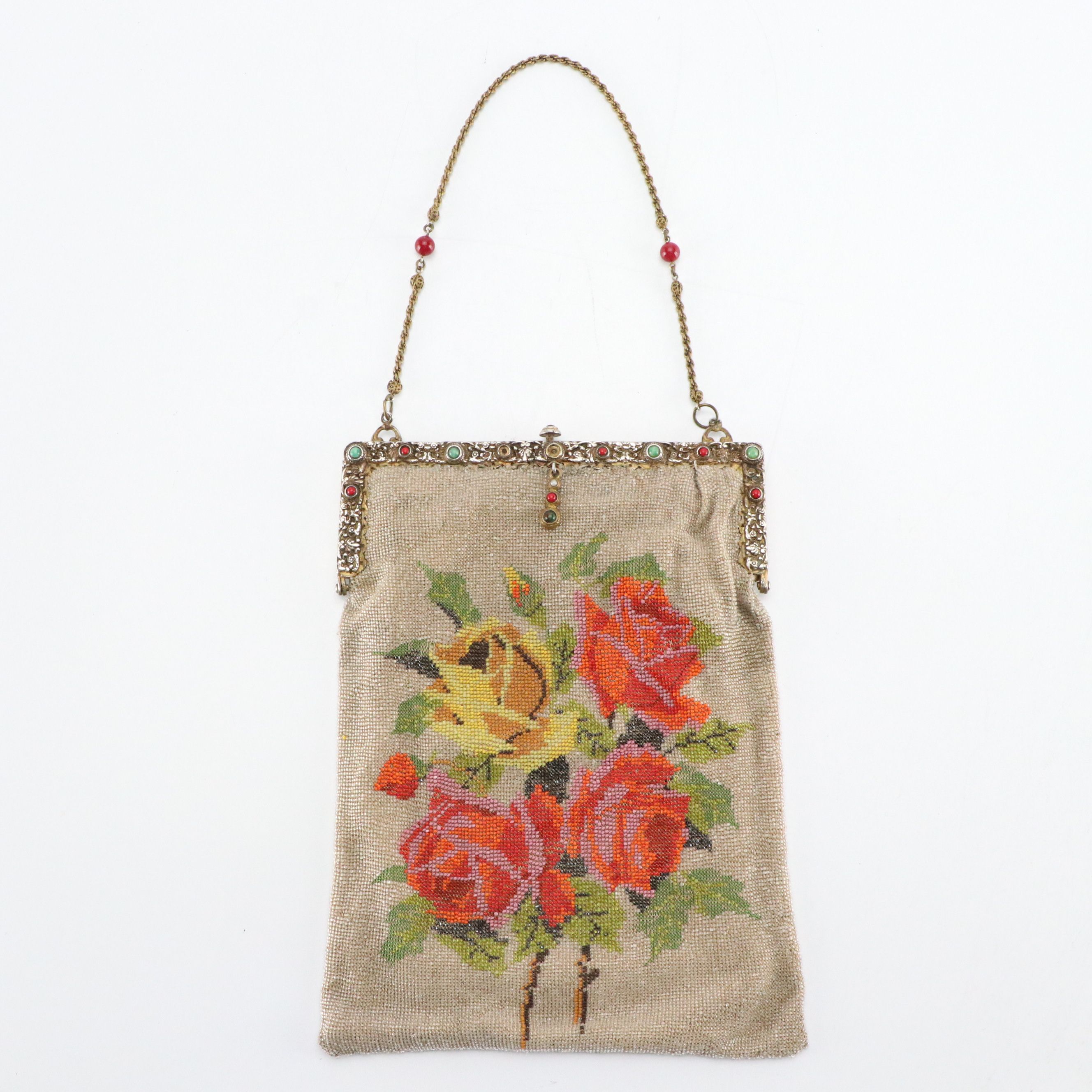 Micro Glass Bead Rose Pattern Evening Bag with Embellished Frame, circa 1930