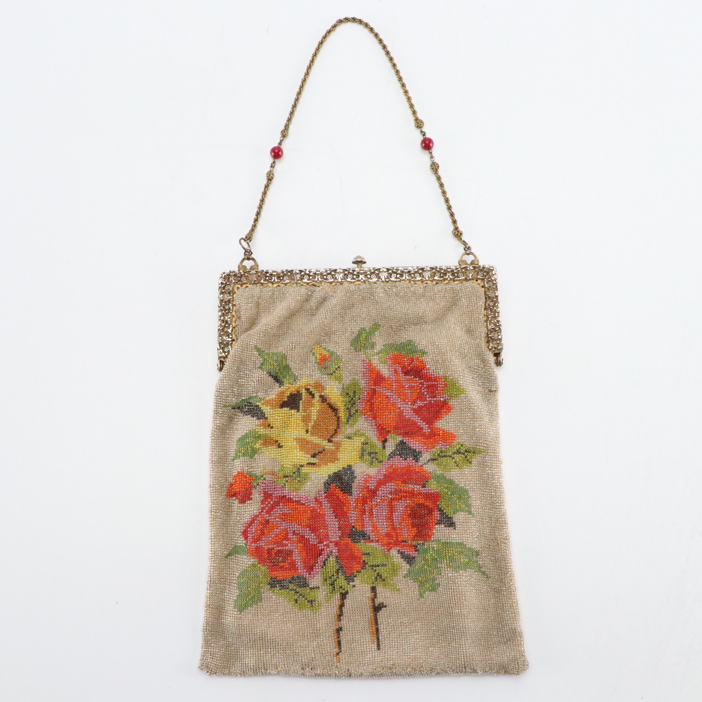 Micro Glass Bead Rose Pattern Evening Bag with Embellished Frame, circa 1930
