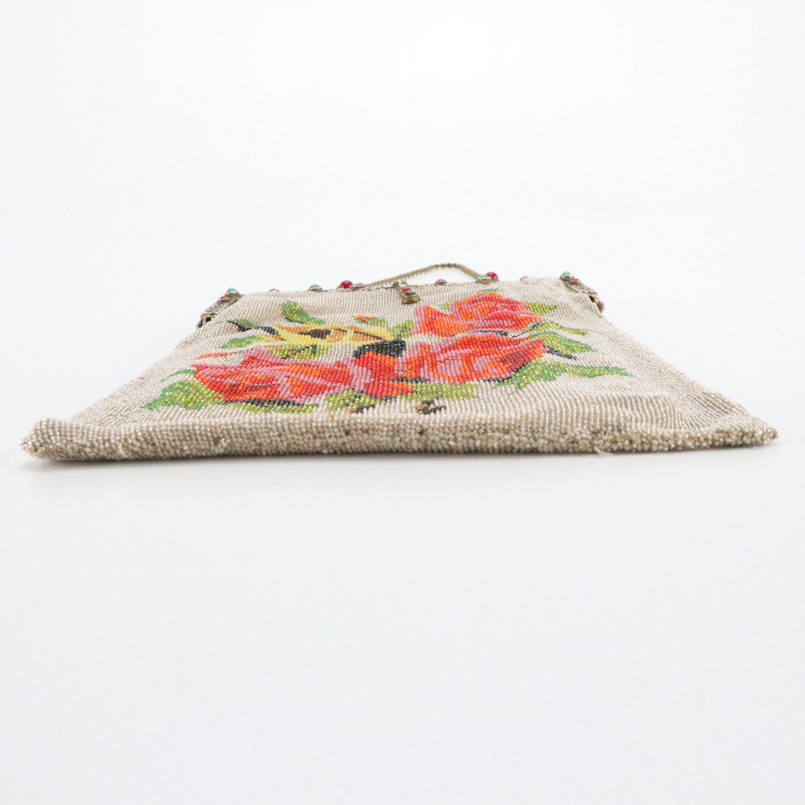 Micro Glass Bead Rose Pattern Evening Bag with Embellished Frame, circa 1930