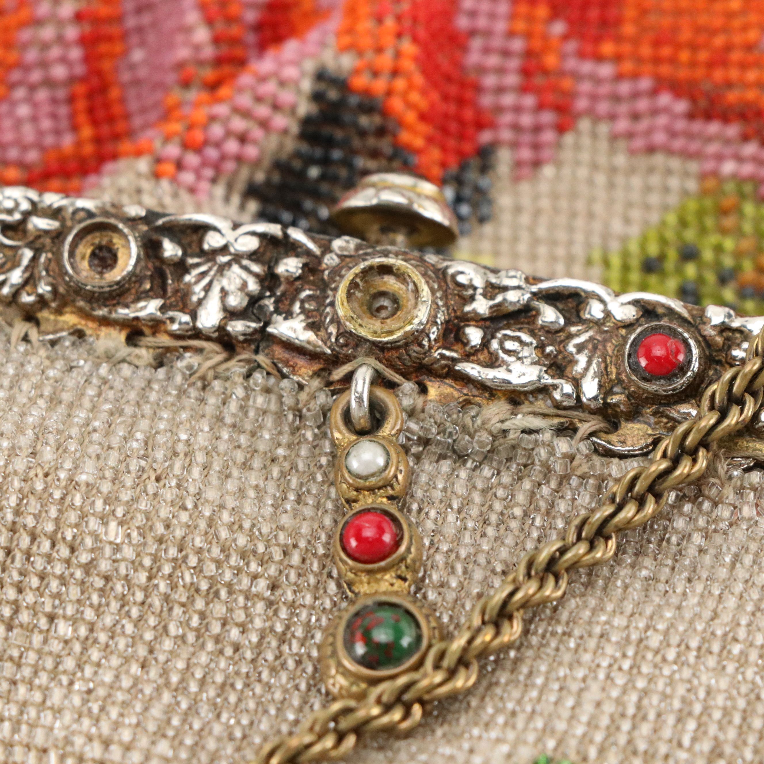 Micro Glass Bead Rose Pattern Evening Bag with Embellished Frame, circa 1930