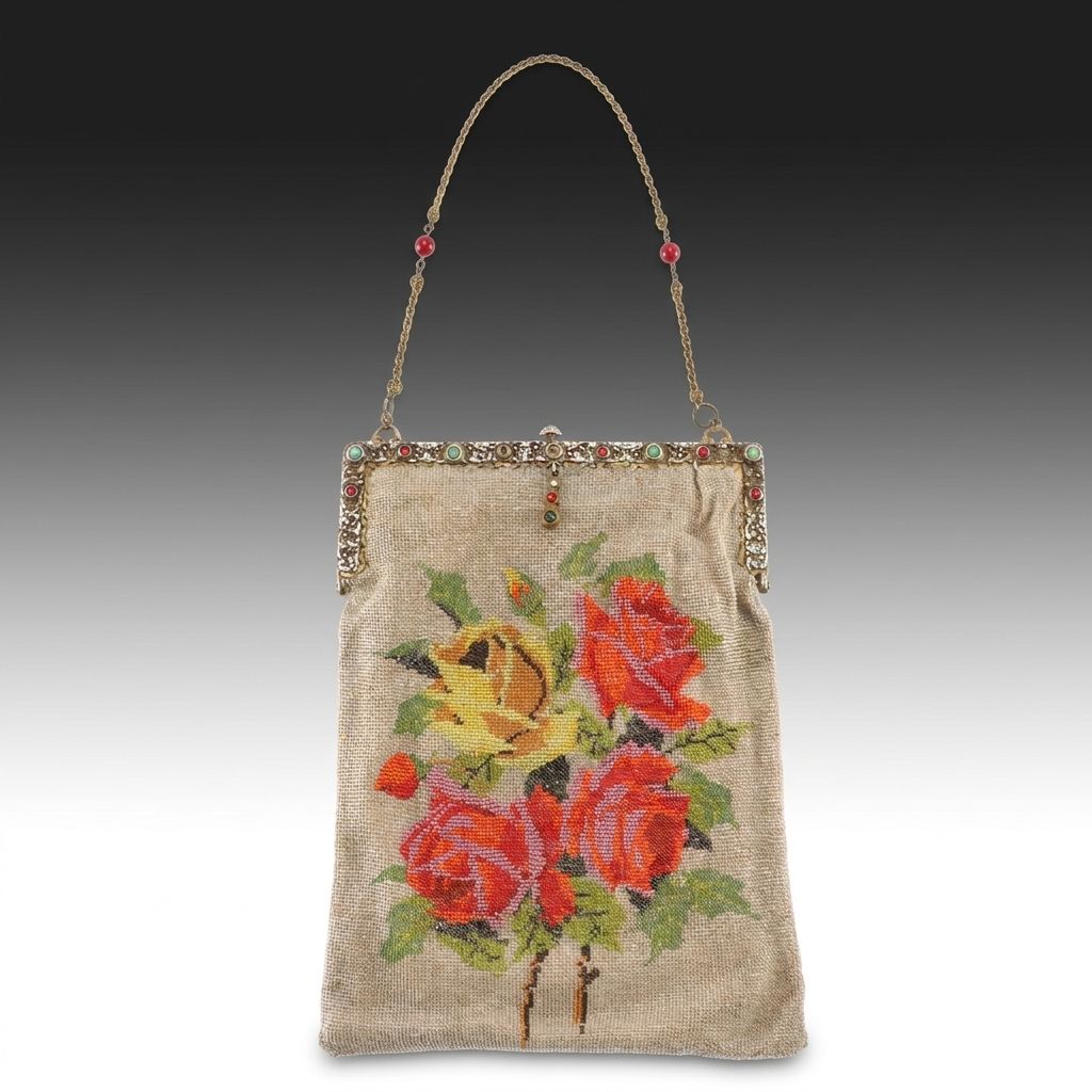 Micro Glass Bead Rose Pattern Evening Bag with Embellished Frame, circa 1930