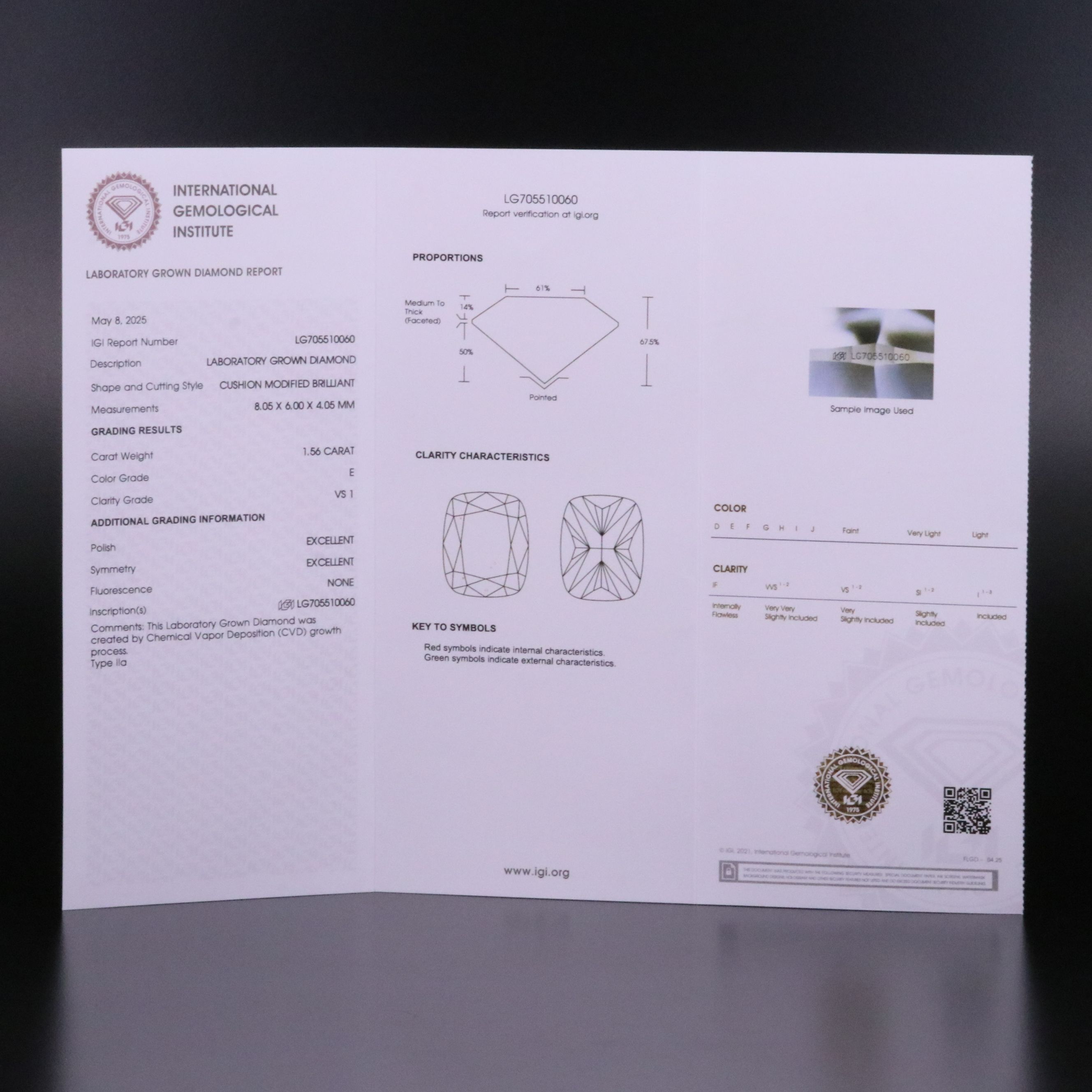 Loose 1.56 CT Lab Grown Diamond with IGI Report