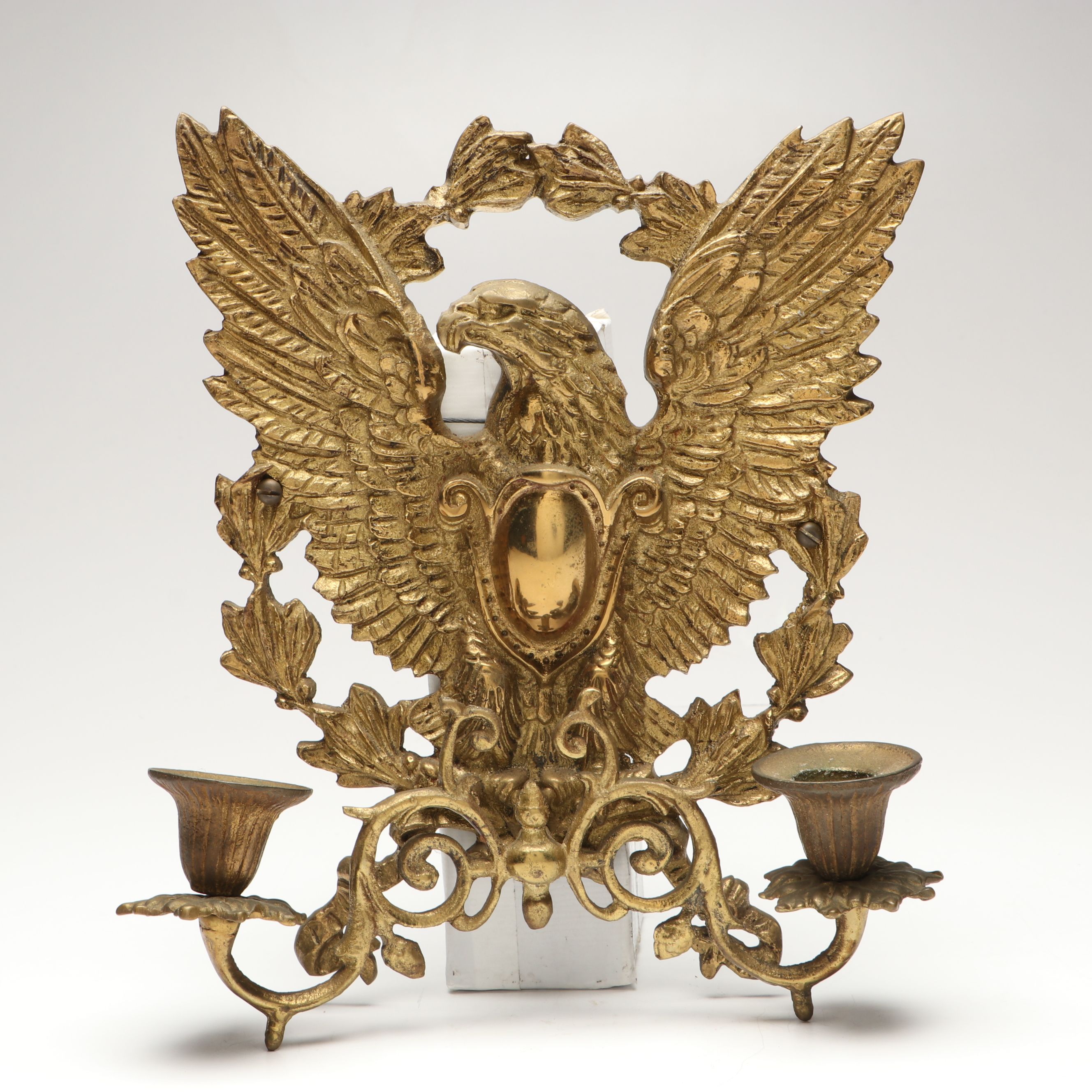 Federal Style Brass Candle Sconce and Wooden Wall Mirror