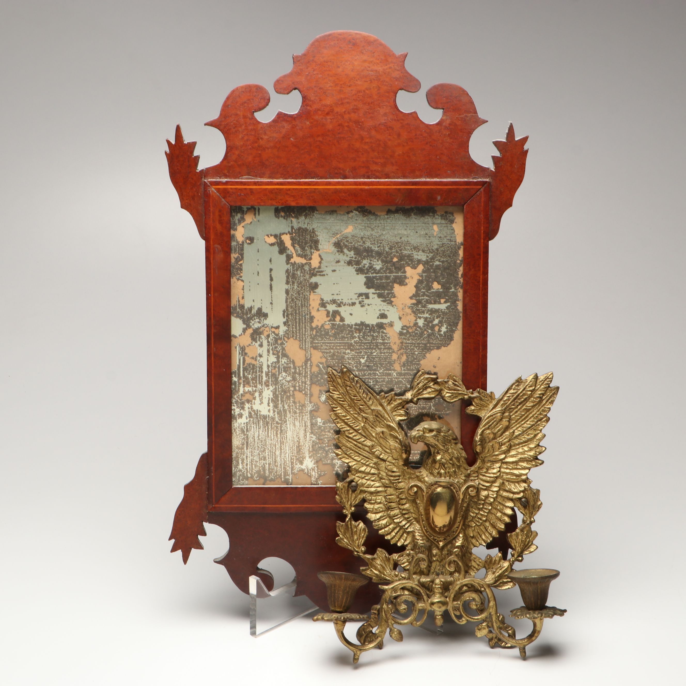 Federal Style Brass Candle Sconce and Wooden Wall Mirror