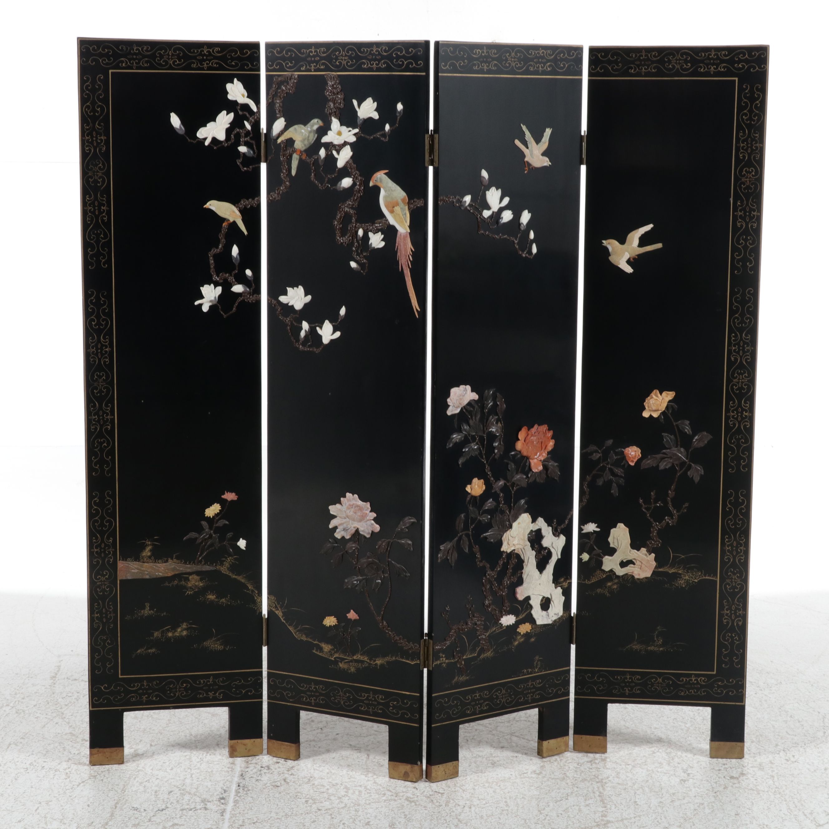 Chinese Four-Panel Black Lacquer Screen with Soapstone Overlay
