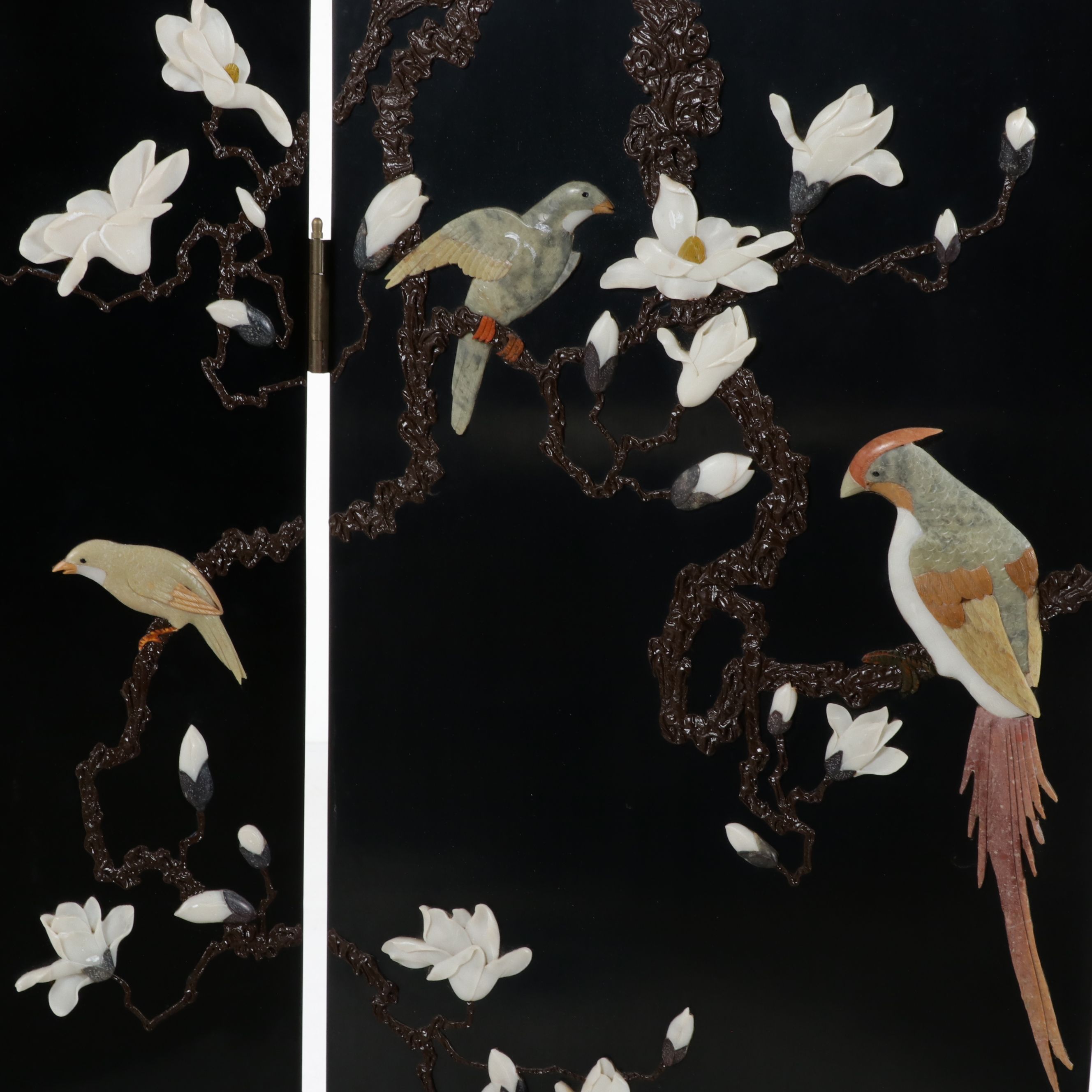 Chinese Four-Panel Black Lacquer Screen with Soapstone Overlay