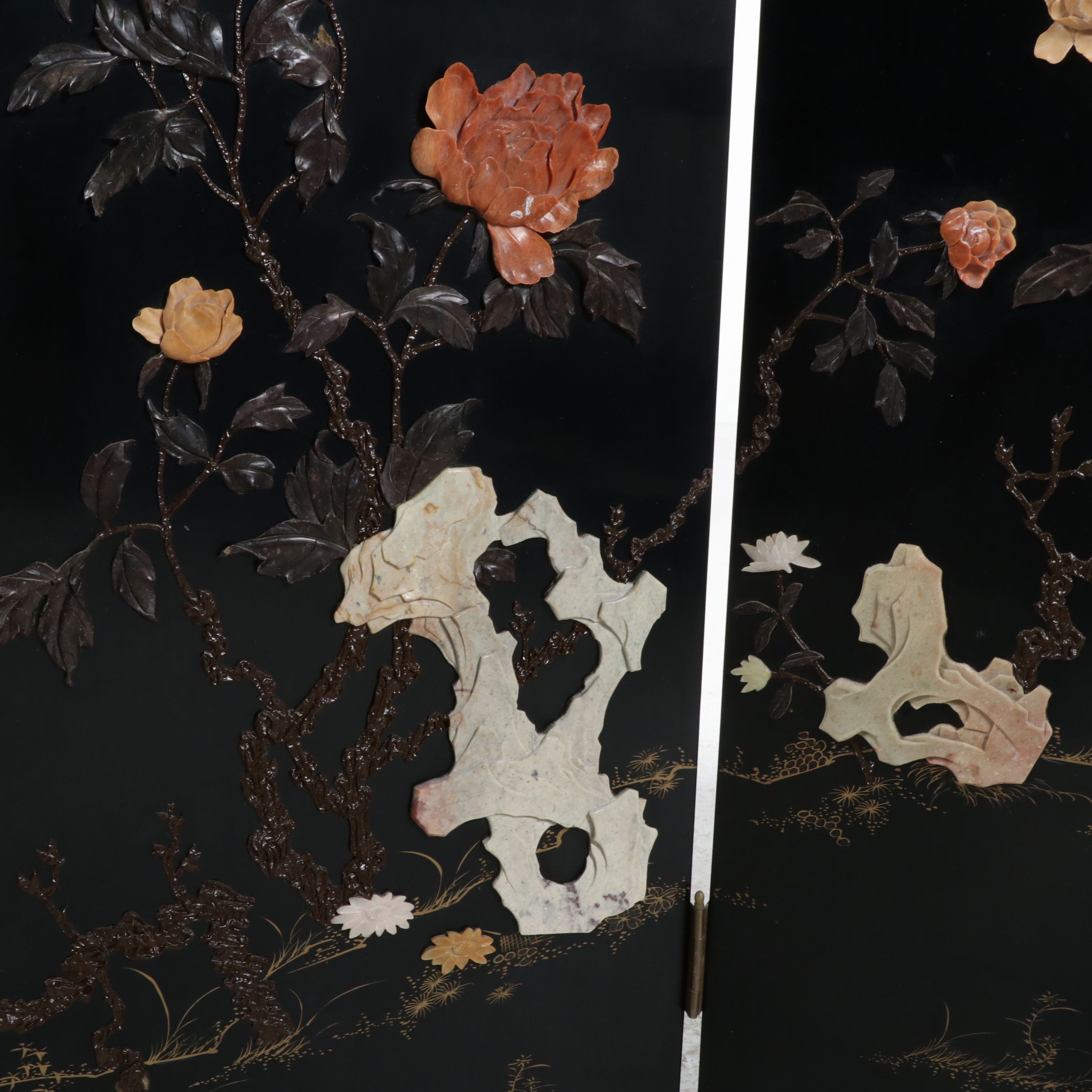 Chinese Four-Panel Black Lacquer Screen with Soapstone Overlay