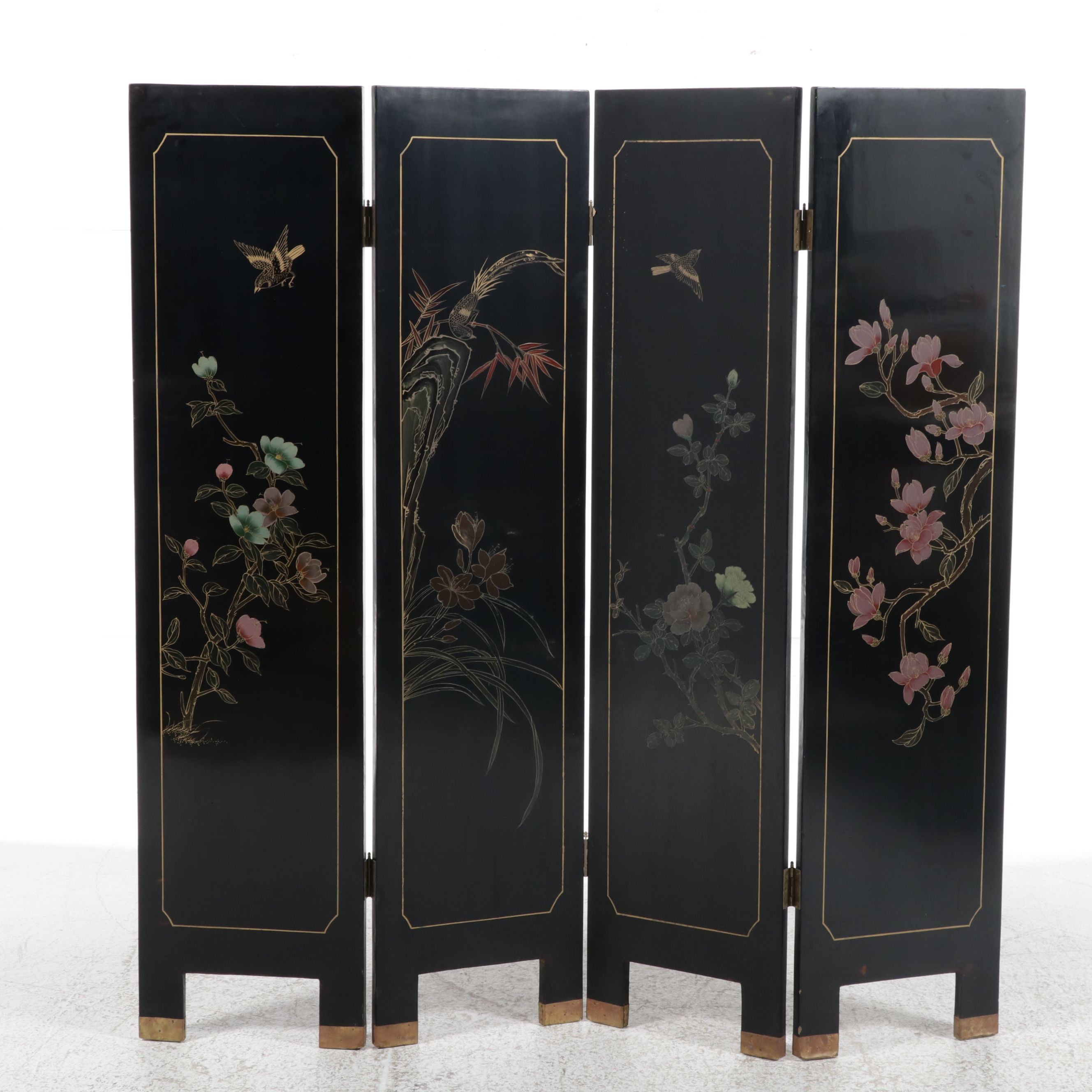 Chinese Four-Panel Black Lacquer Screen with Soapstone Overlay