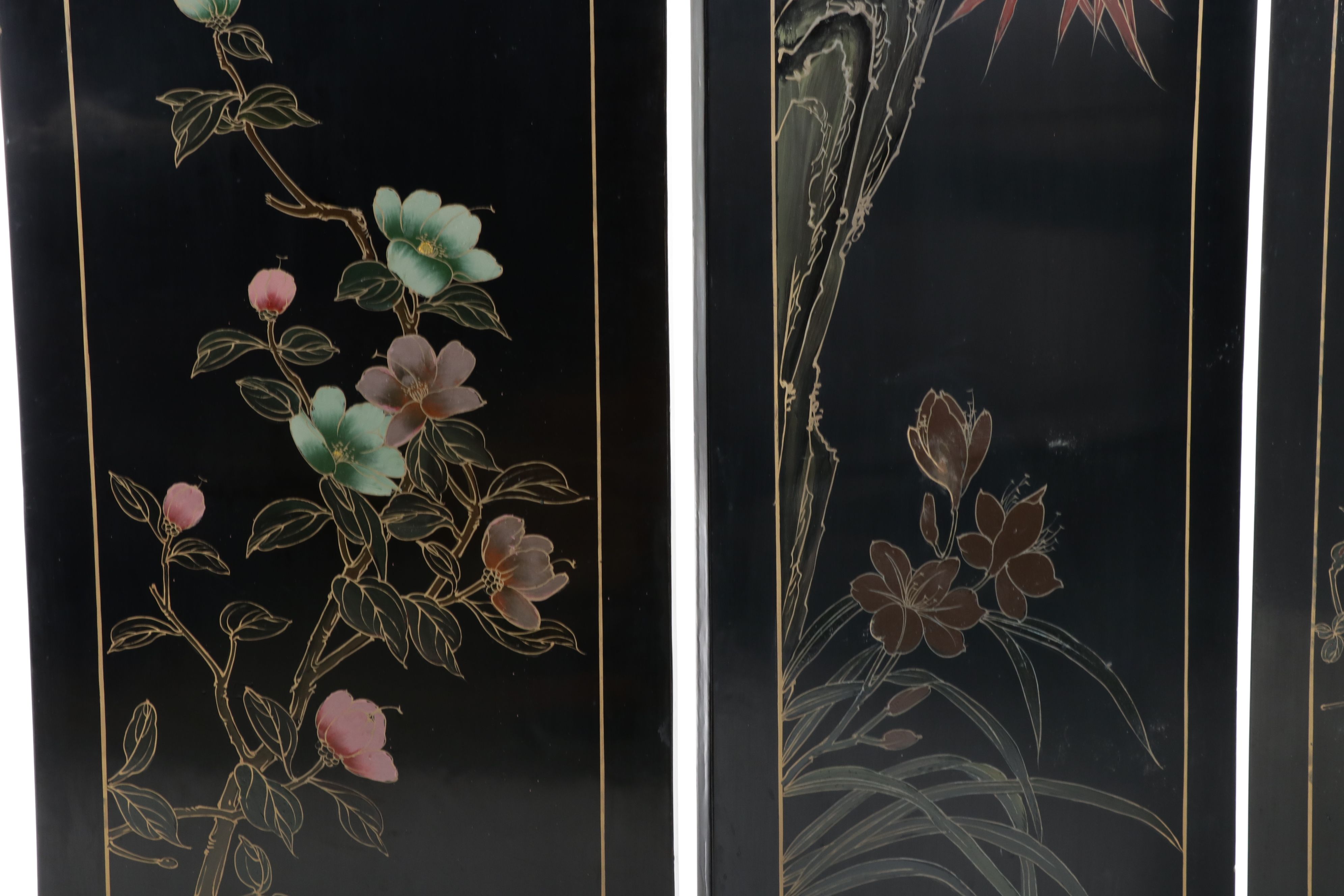 Chinese Four-Panel Black Lacquer Screen with Soapstone Overlay