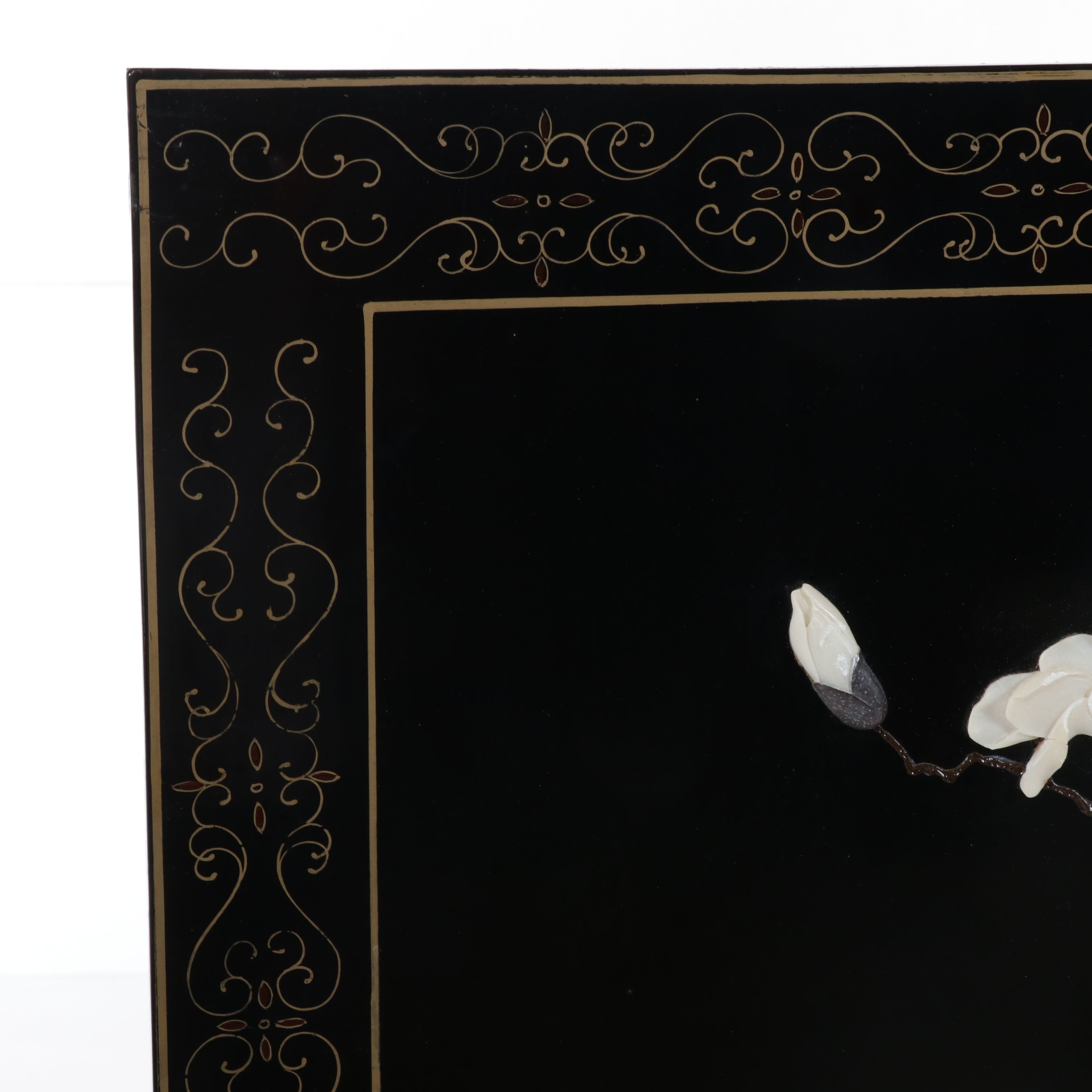 Chinese Four-Panel Black Lacquer Screen with Soapstone Overlay