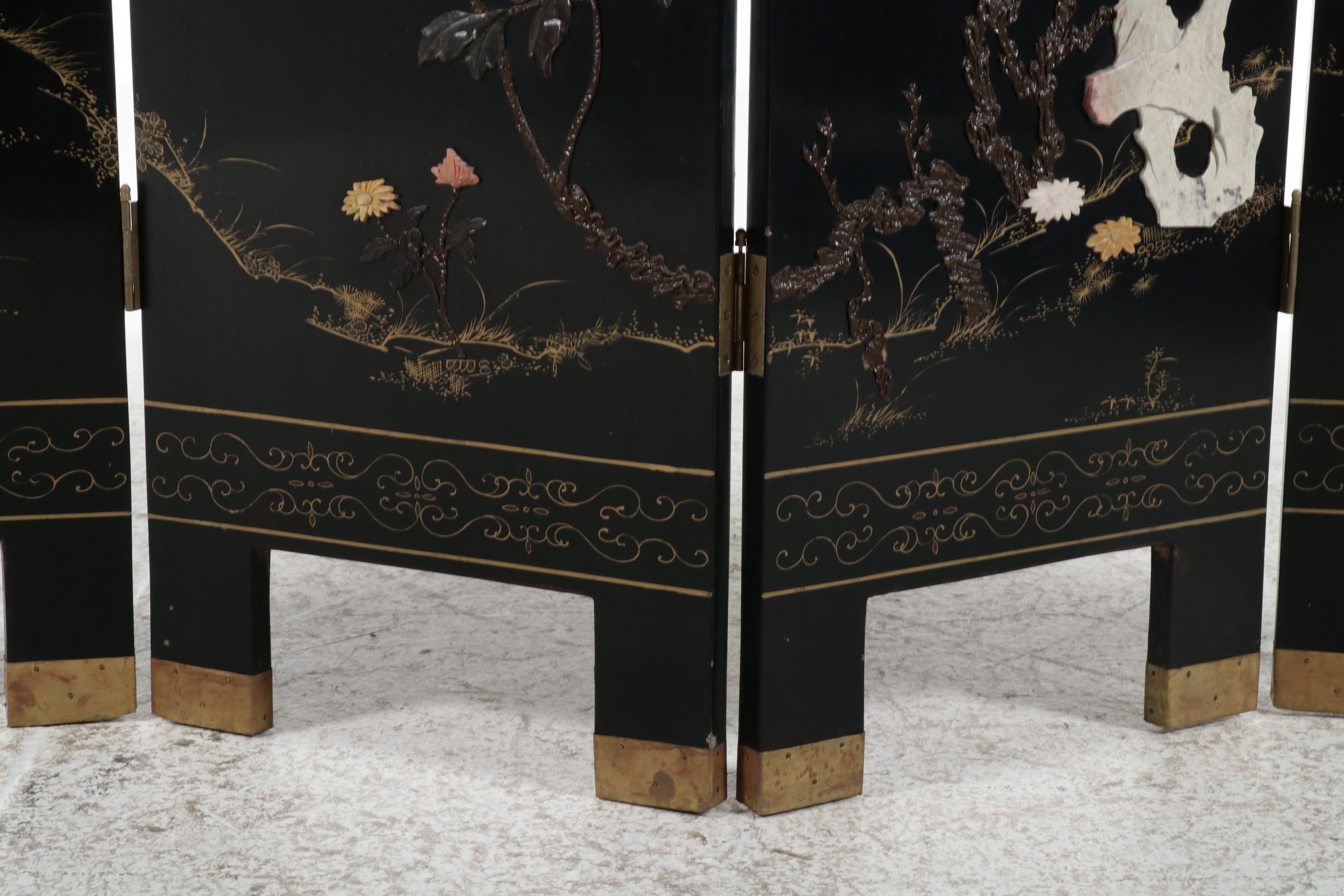 Chinese Four-Panel Black Lacquer Screen with Soapstone Overlay