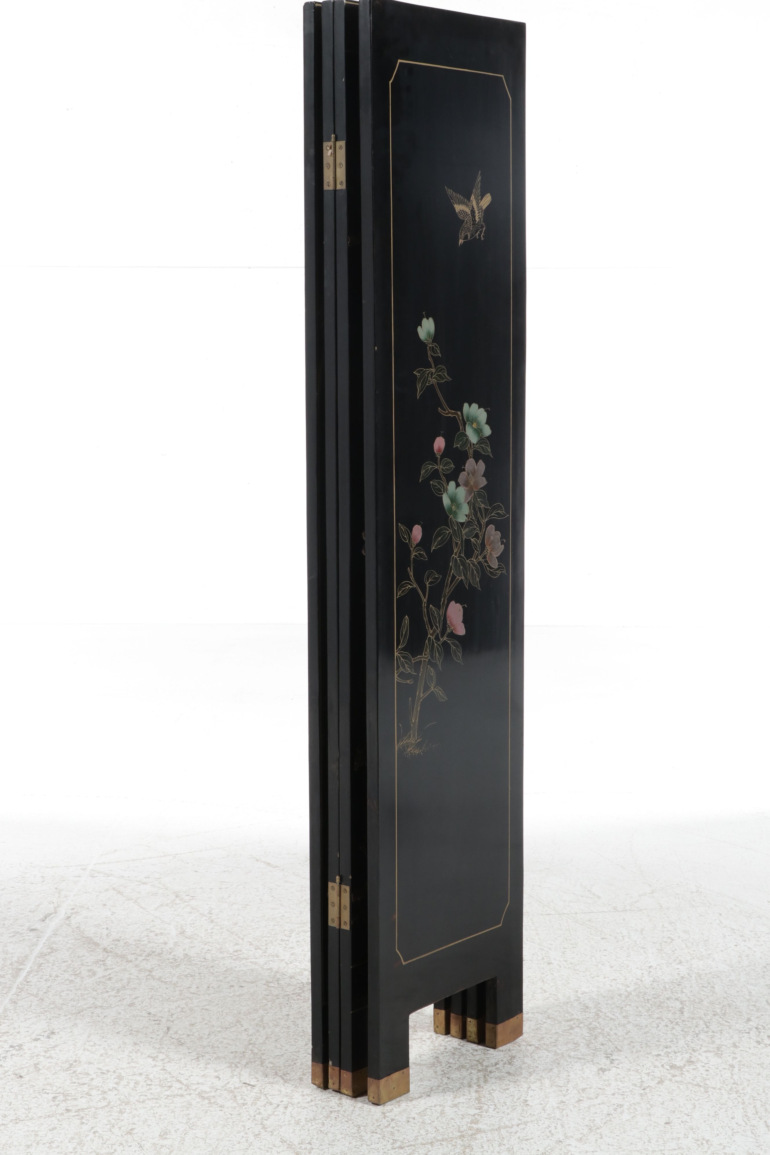 Chinese Four-Panel Black Lacquer Screen with Soapstone Overlay