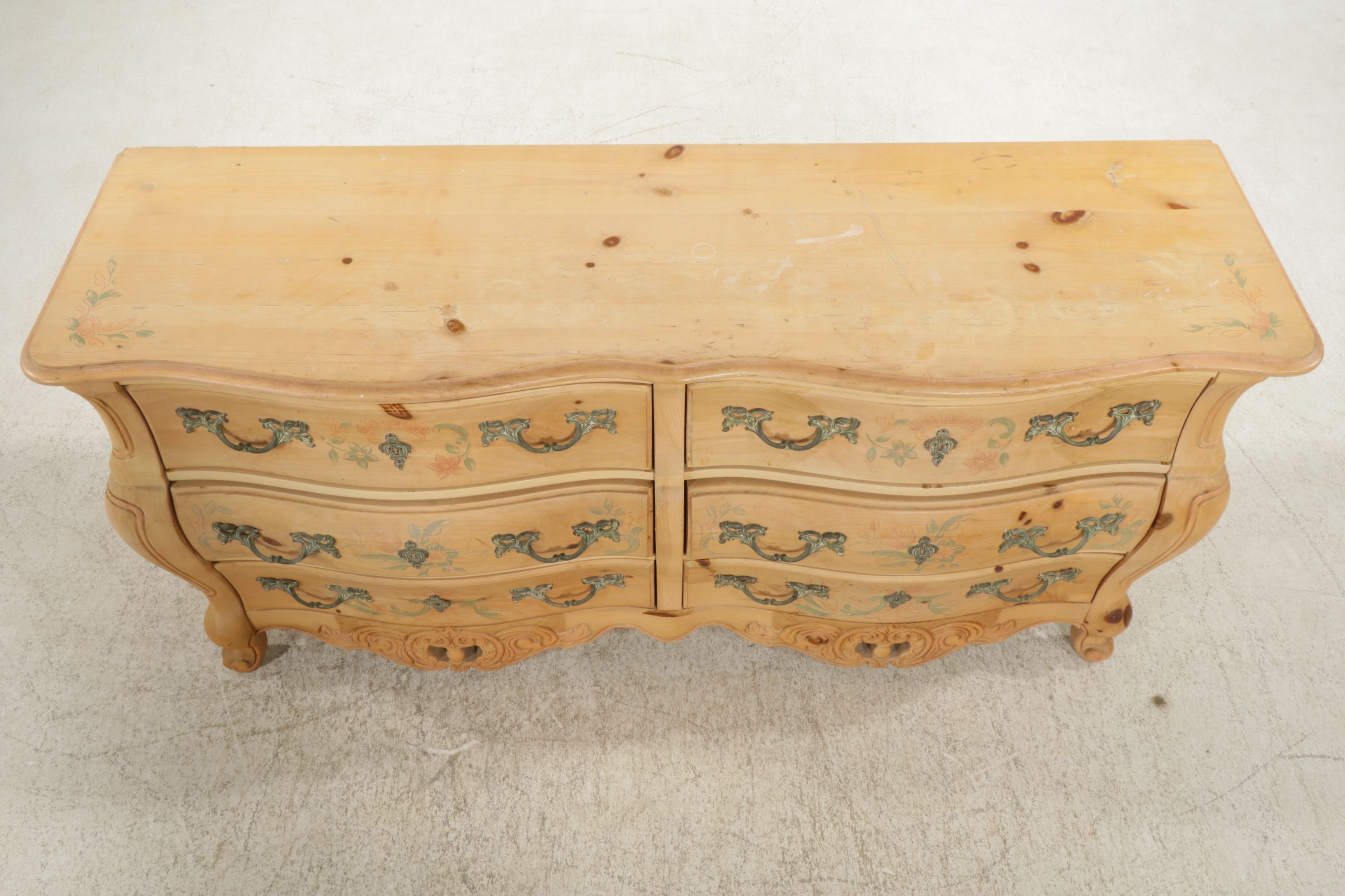 Pulaski Furniture Louis XV Style Paint Decorated Pine Bombé Dresser