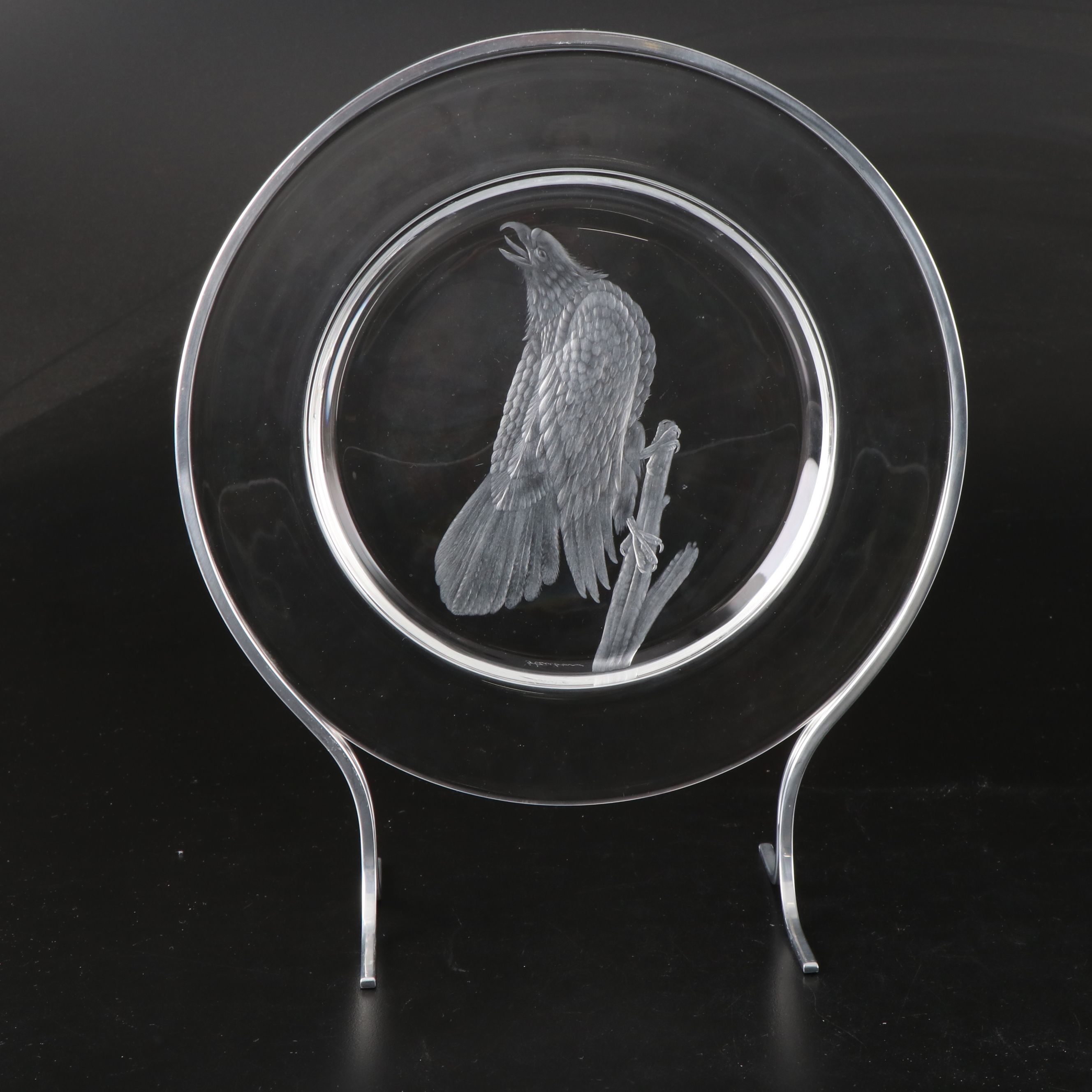 Steuben Glass "Audubon Birds" Etched Crystal Decorative Plates with Metal Stands