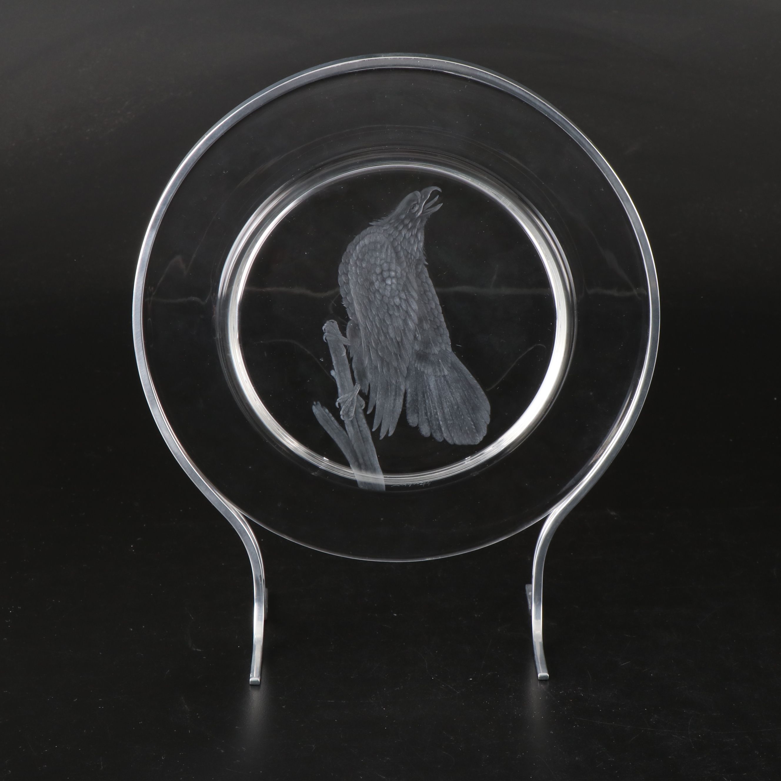 Steuben Glass "Audubon Birds" Etched Crystal Decorative Plates with Metal Stands