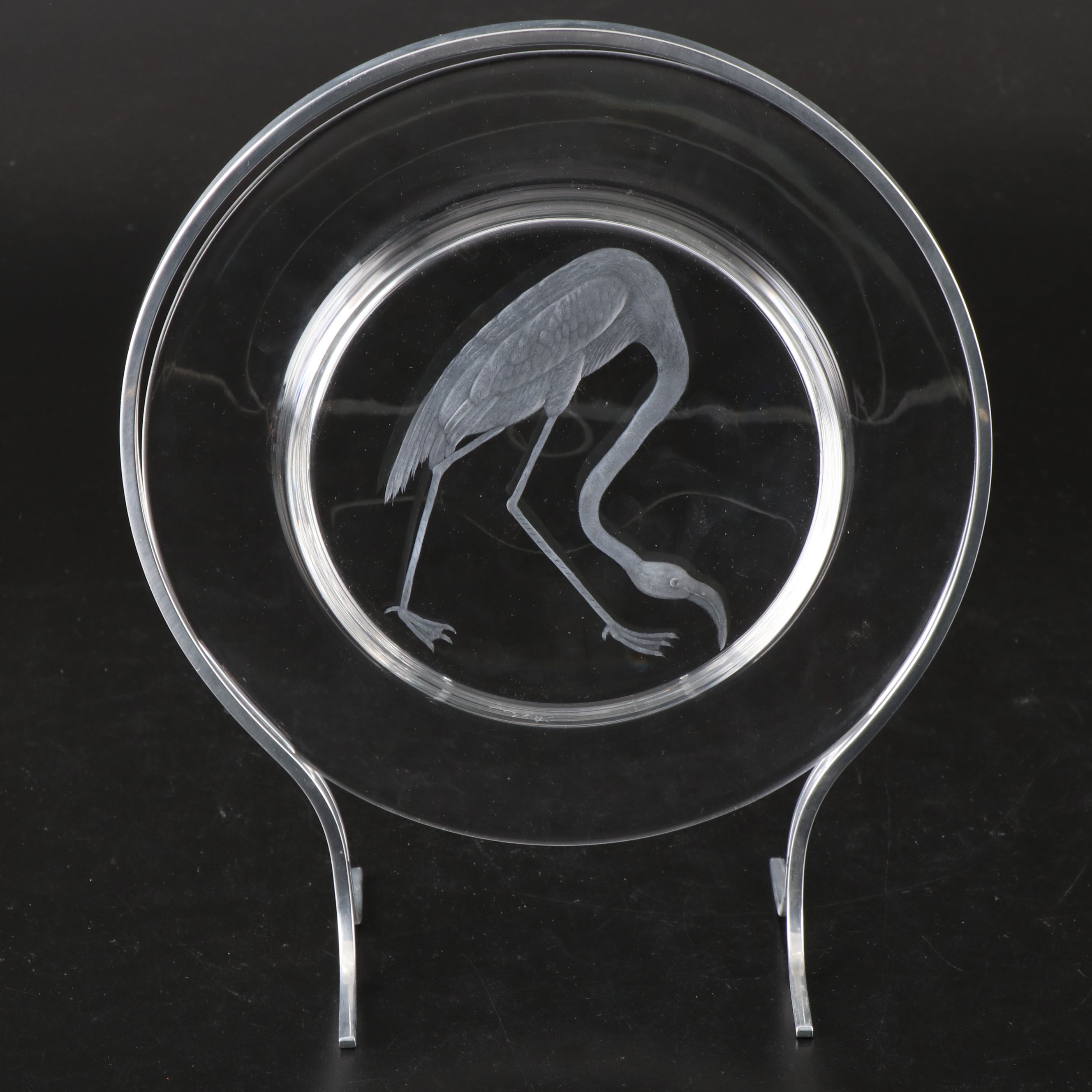 Steuben Glass "Audubon Birds" Etched Crystal Decorative Plates with Metal Stands