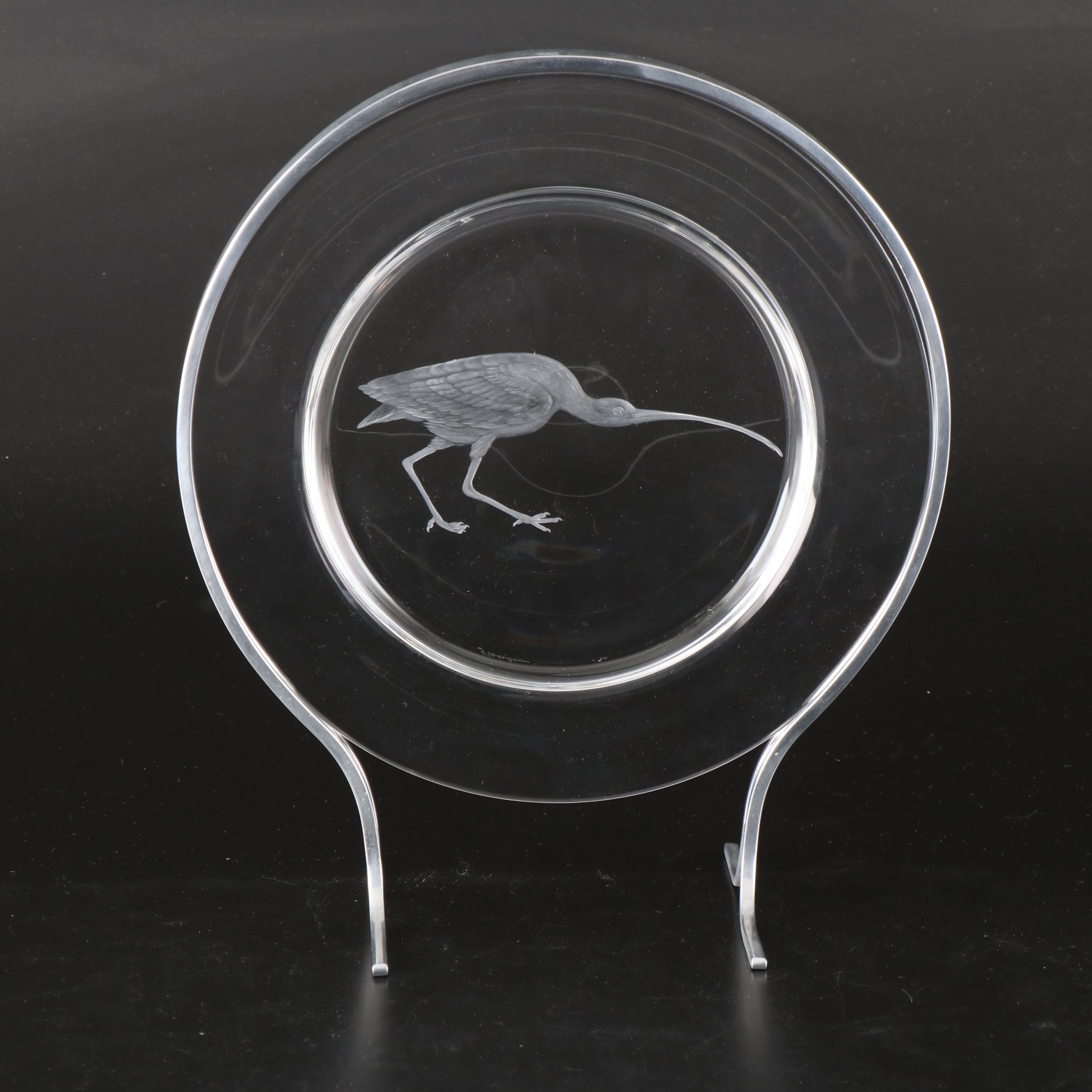 Steuben Glass "Audubon Birds" Etched Crystal Decorative Plates with Metal Stands