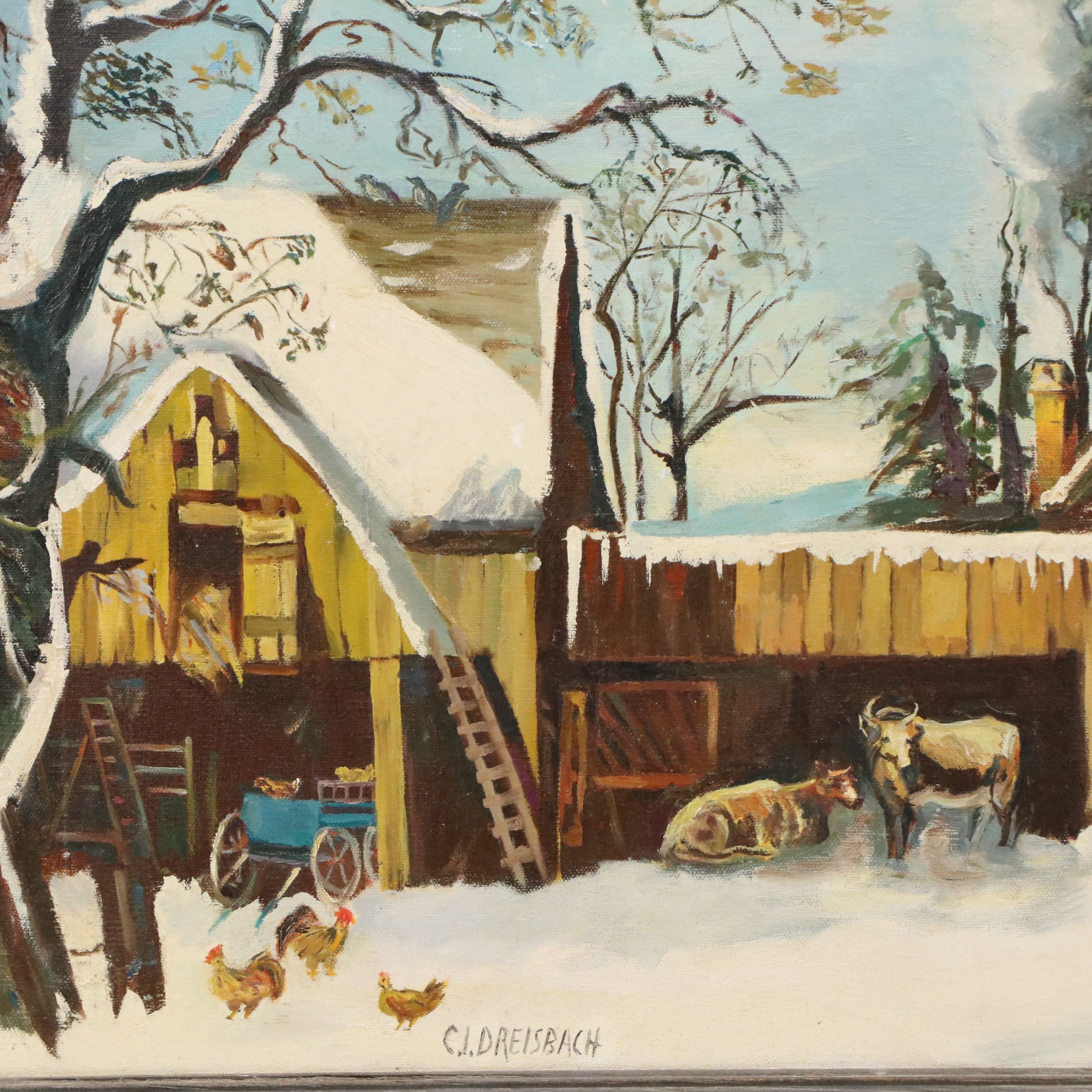 Clarence Ira Dreisbach Oil Painting of Snowy Barn Scene, Mid-20th Century