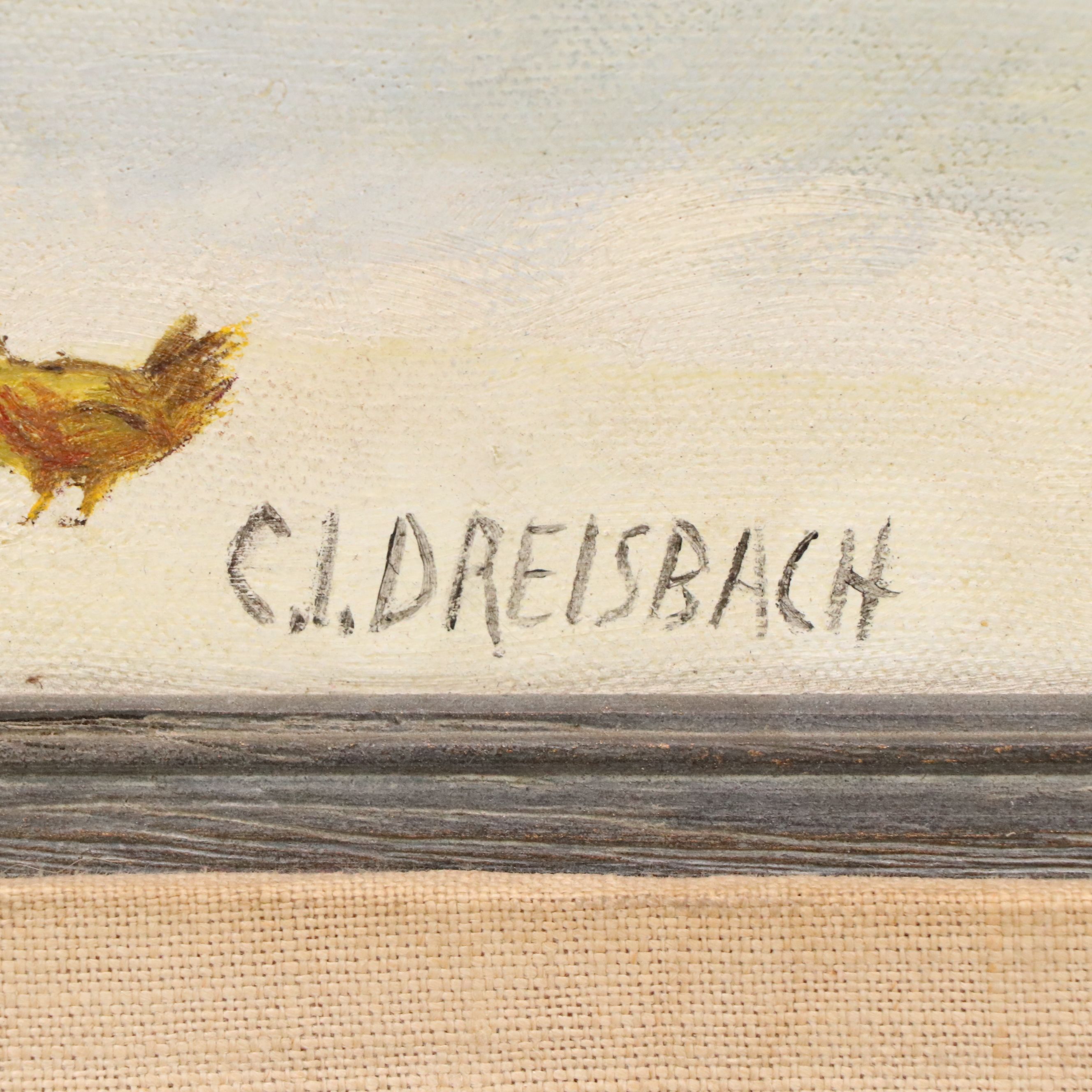 Clarence Ira Dreisbach Oil Painting of Snowy Barn Scene, Mid-20th Century