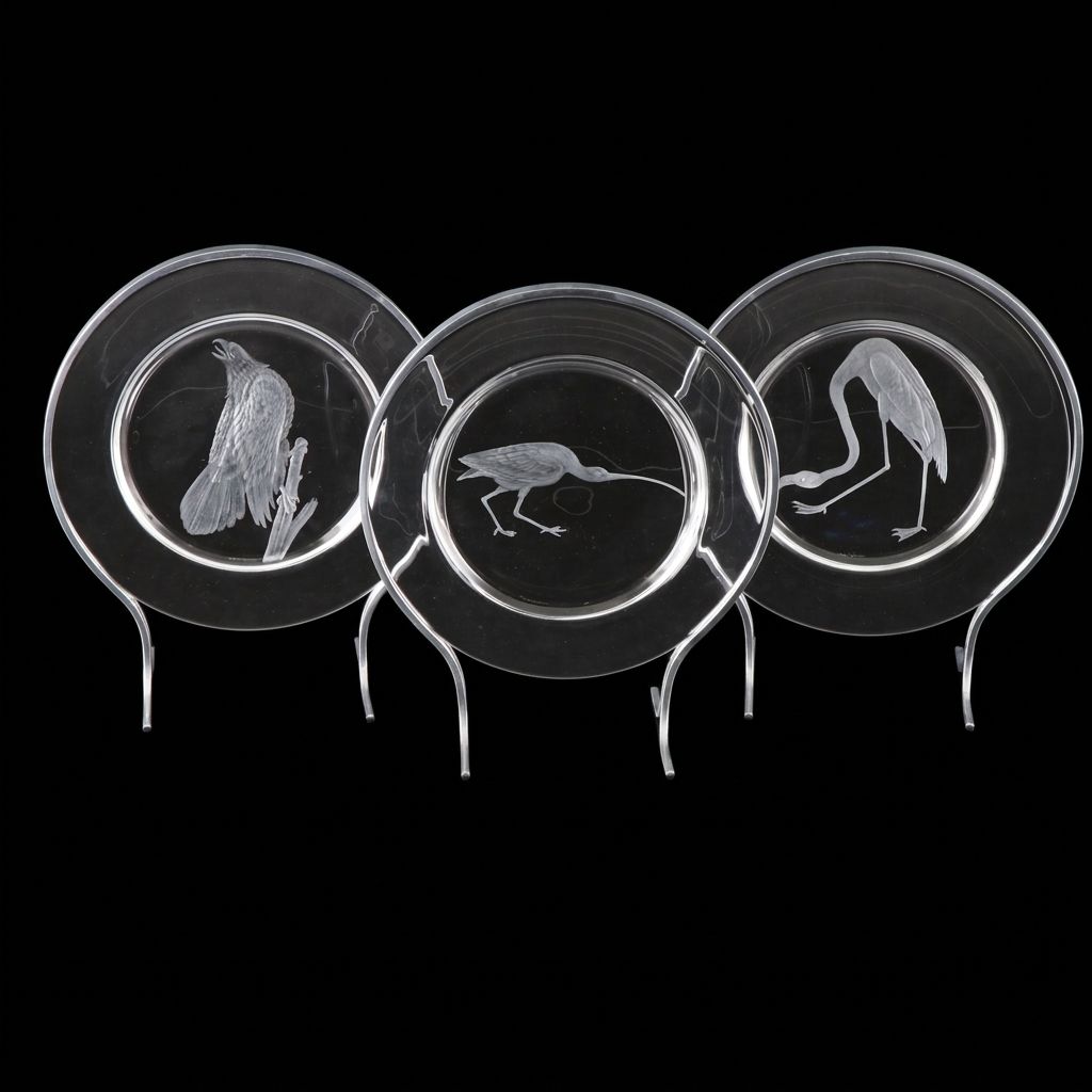 Steuben Glass "Audubon Birds" Etched Crystal Decorative Plates with Metal Stands