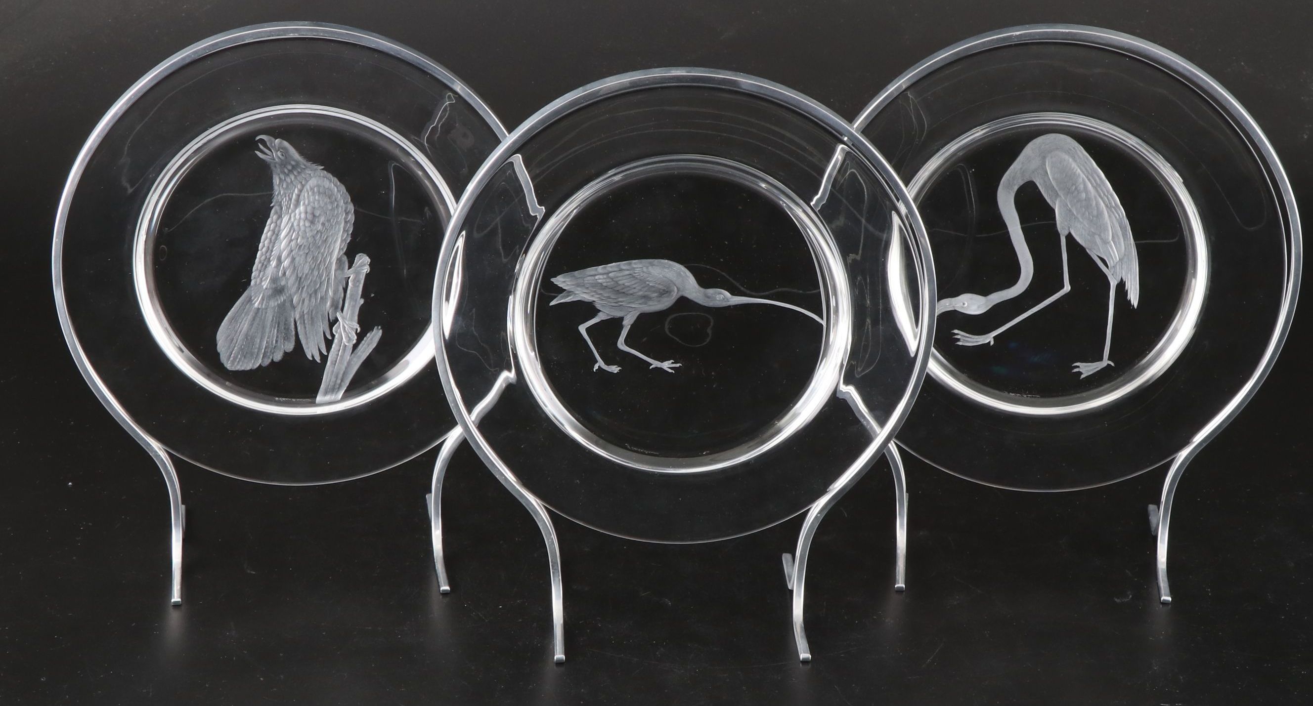 Steuben Glass "Audubon Birds" Etched Crystal Decorative Plates with Metal Stands