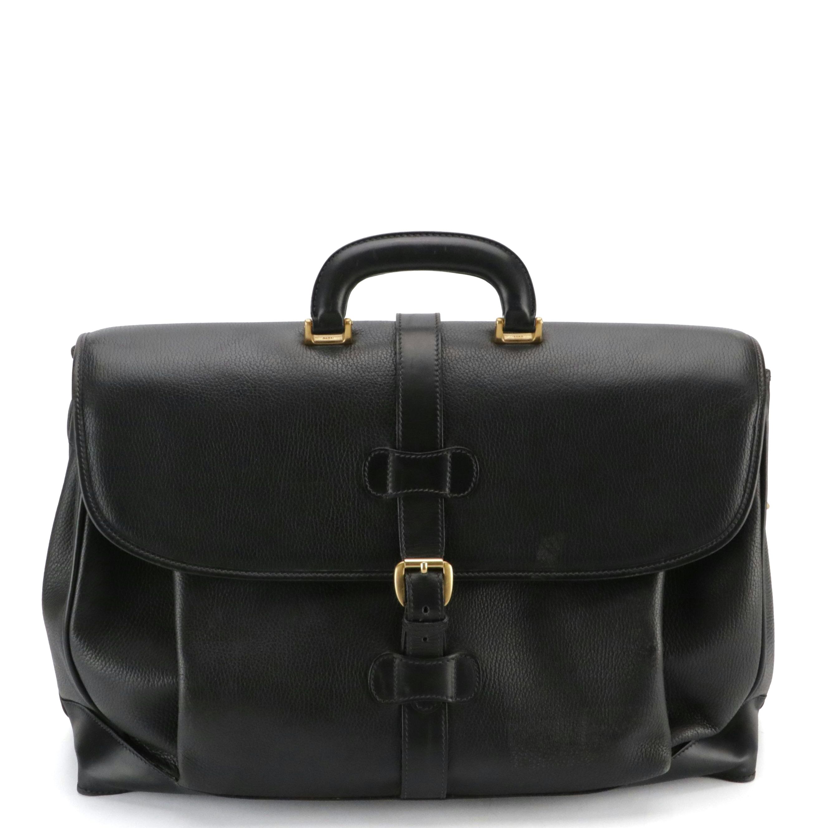 Gucci Vintage Large Work Satchel Bag in Black Grained Calfskin Leather