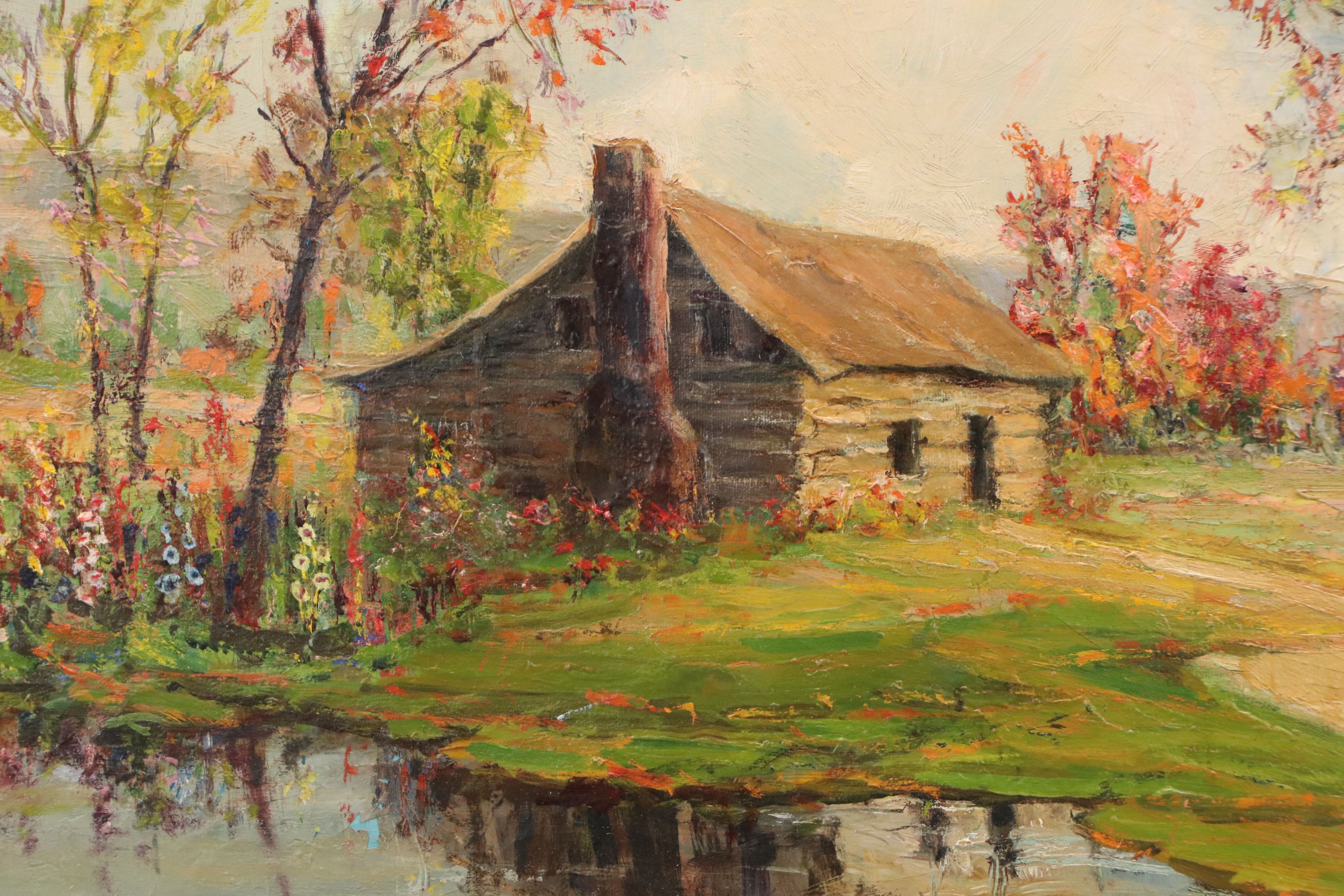 Oil Painting of Bucolic Log Cabin, Early to Mid-20th Century