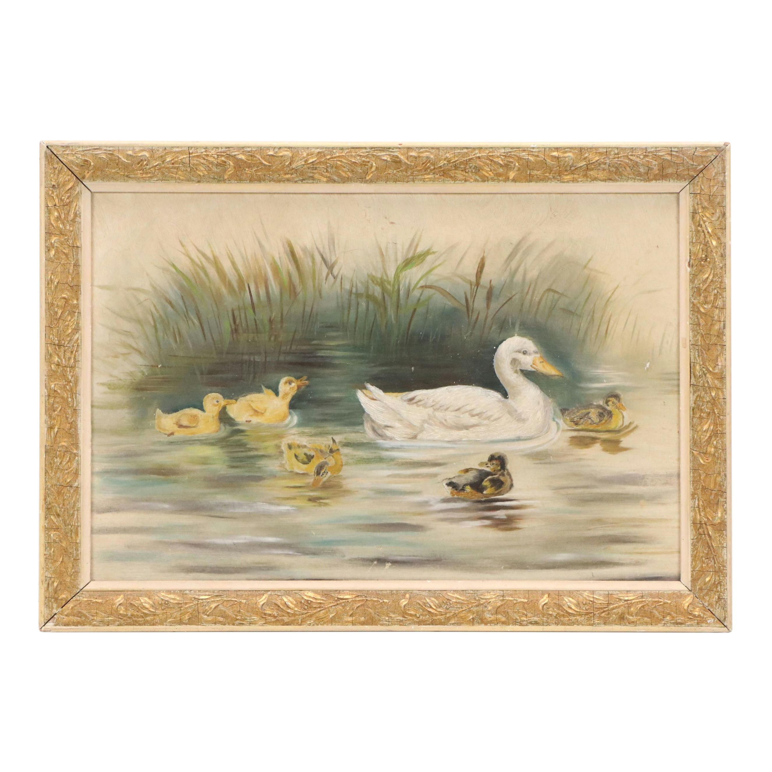 Oil Painting of Duck and Her Ducklings, Early Mid-20th Century