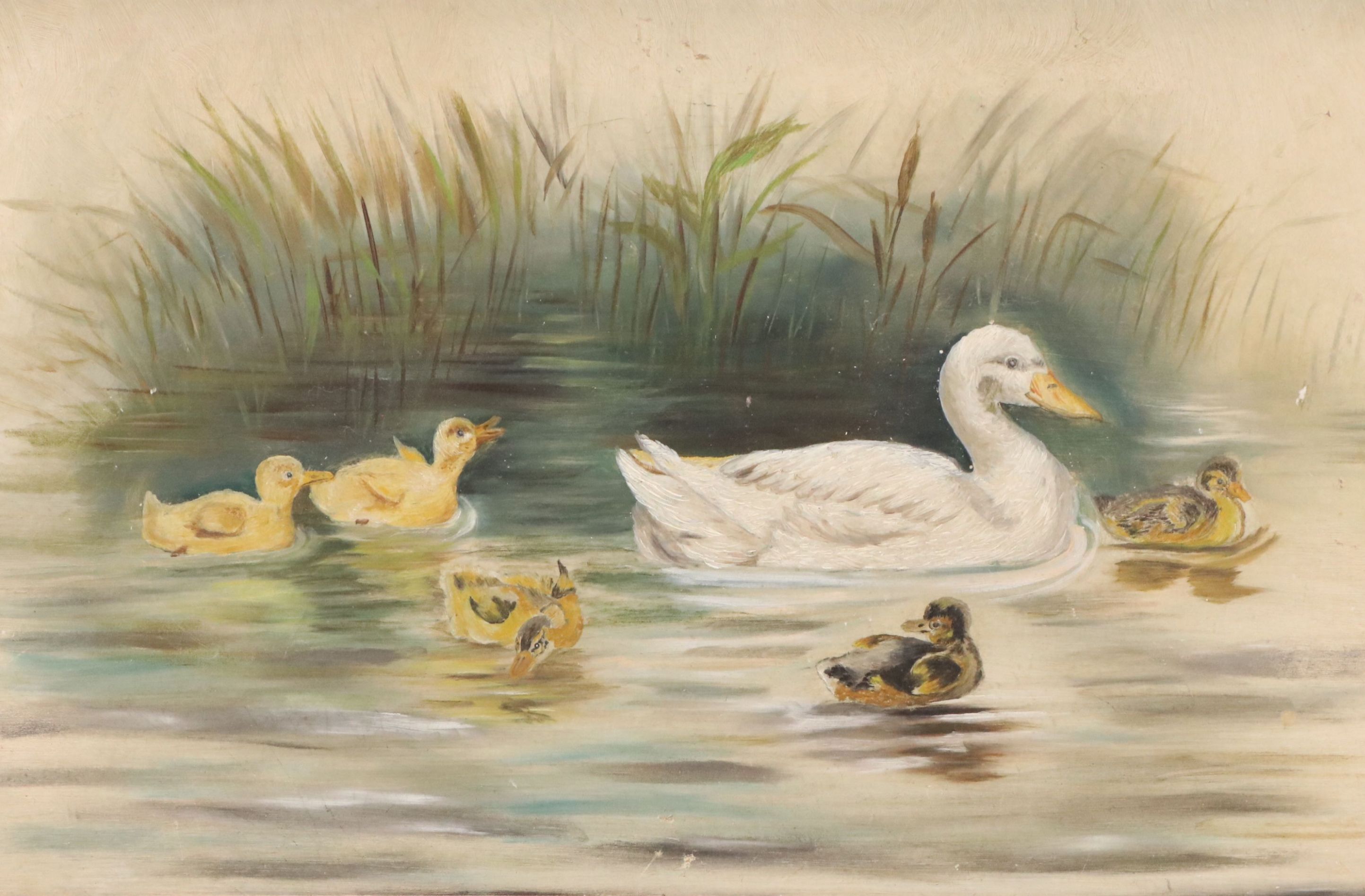 Oil Painting of Duck and Her Ducklings, Early Mid-20th Century