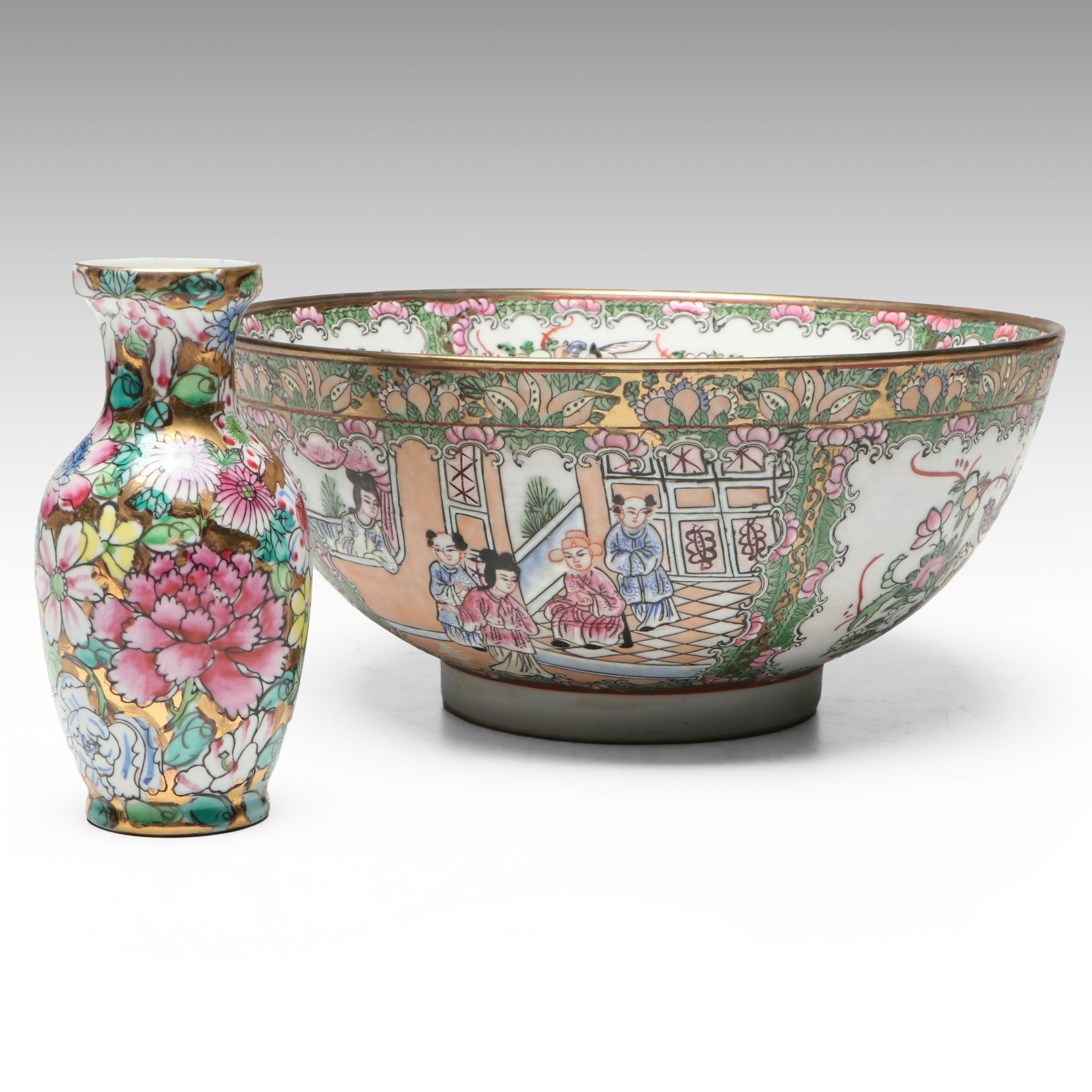 Chinese Rose Medallion Porcelain Bowl & "Thousand Flowers" Vase on Wood Bases