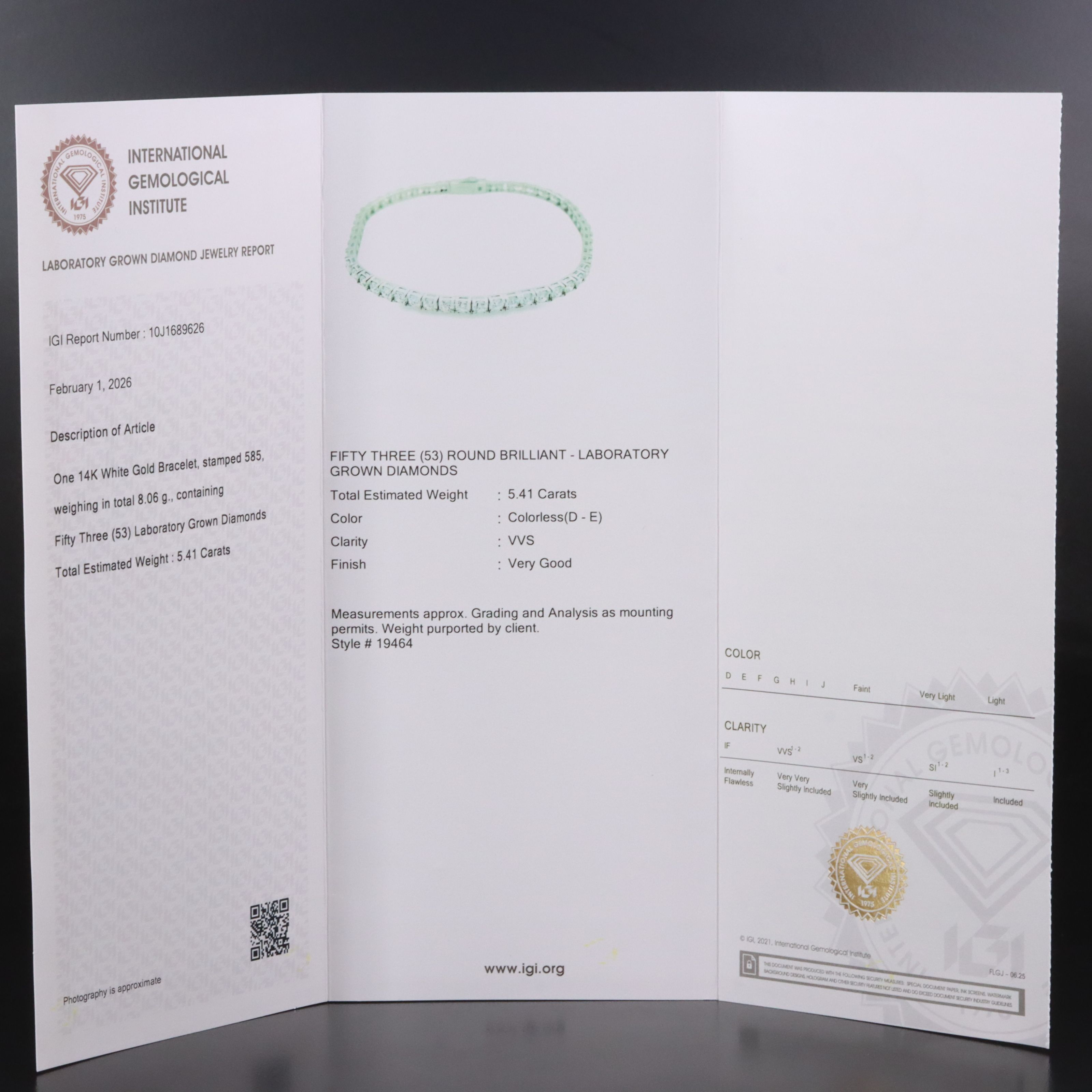 14K 5.41 CTW Lab Grown Diamond Line Bracelet with IGI Jewelry Report