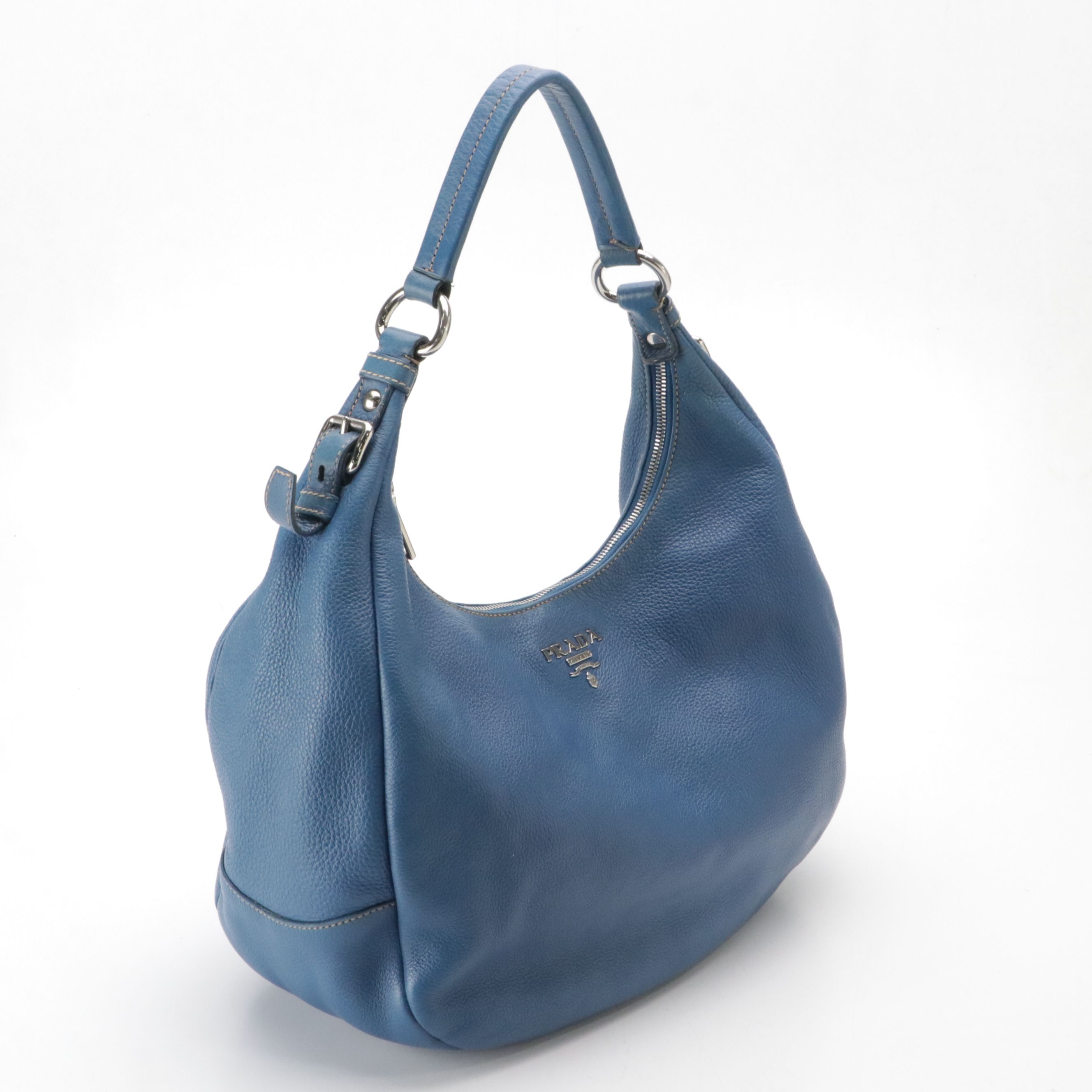 Prada Blue Vitello Daino Leather Hobo Bag