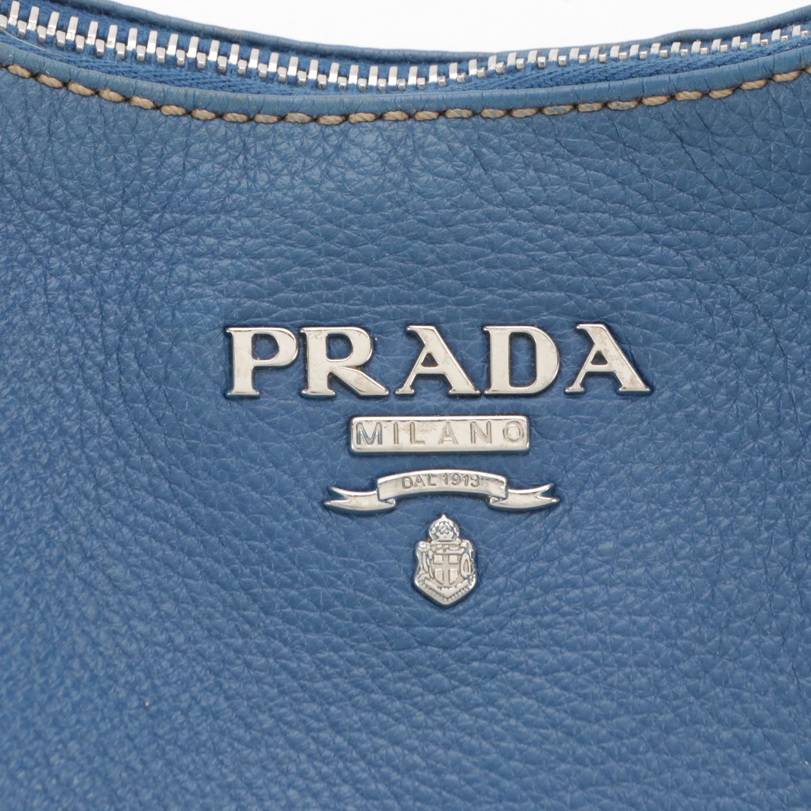 Prada Blue Vitello Daino Leather Hobo Bag