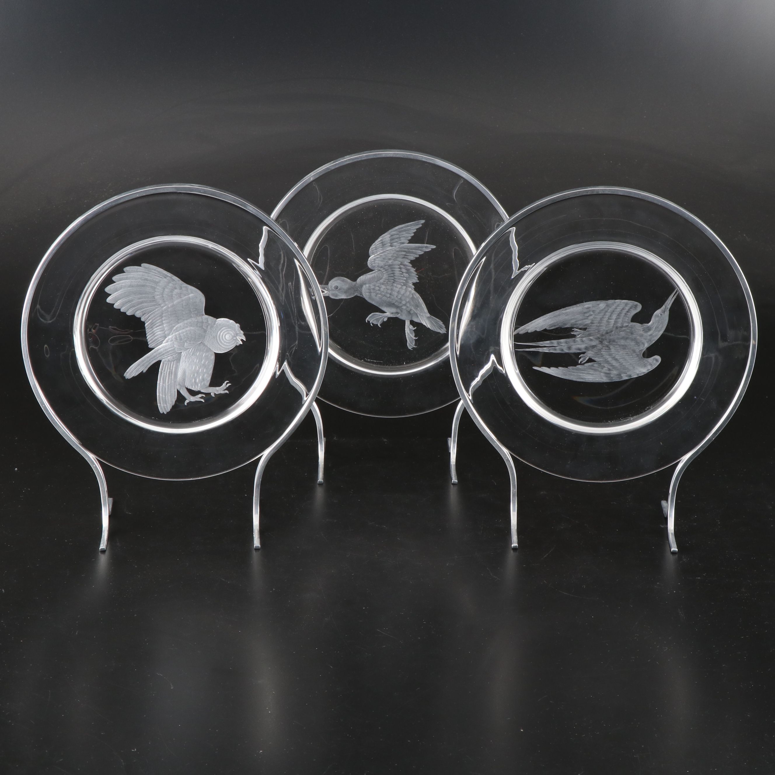 Steuben Glass "Audubon Birds" Etched Crystal Decorative Plates with Metal Stands