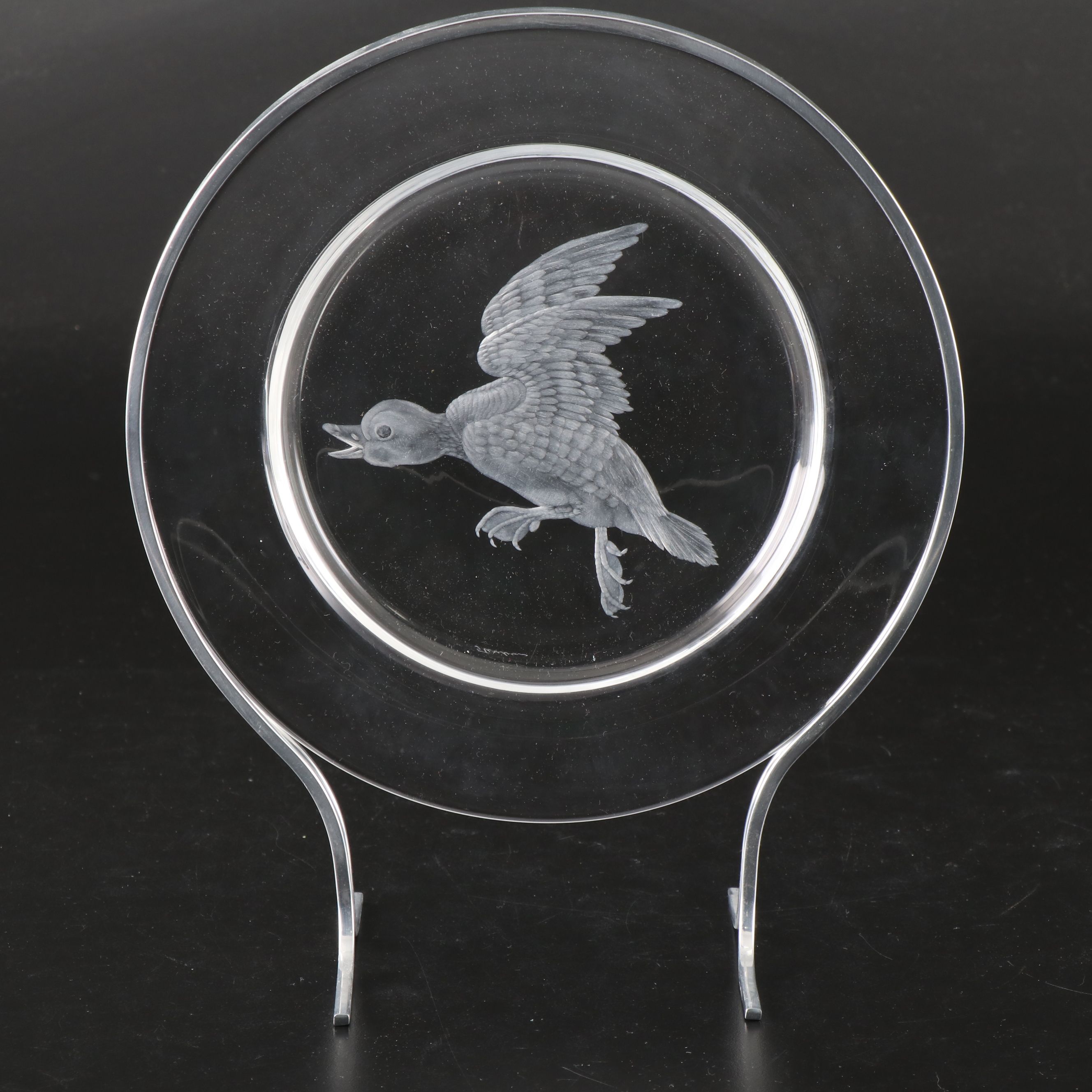 Steuben Glass "Audubon Birds" Etched Crystal Decorative Plates with Metal Stands