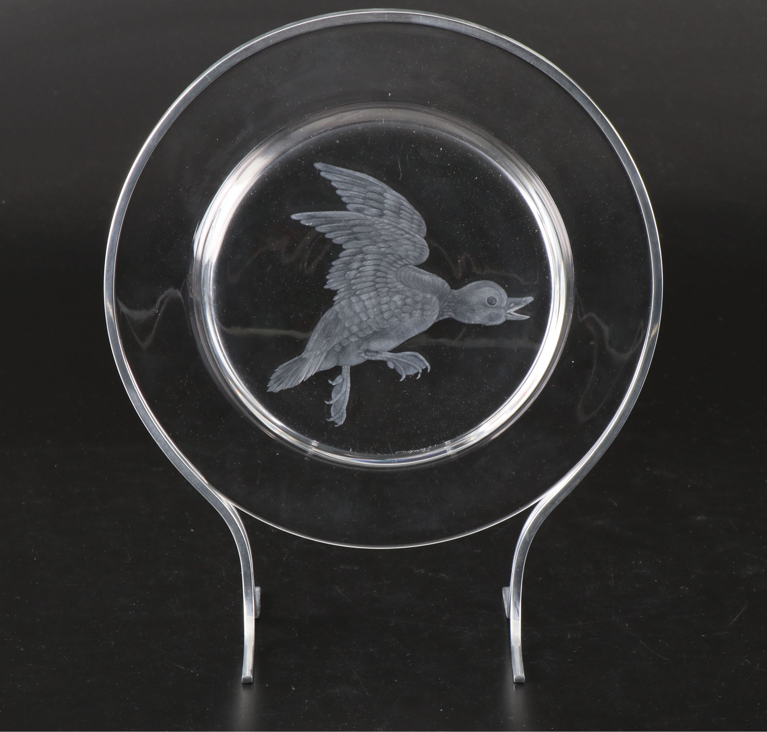 Steuben Glass "Audubon Birds" Etched Crystal Decorative Plates with Metal Stands