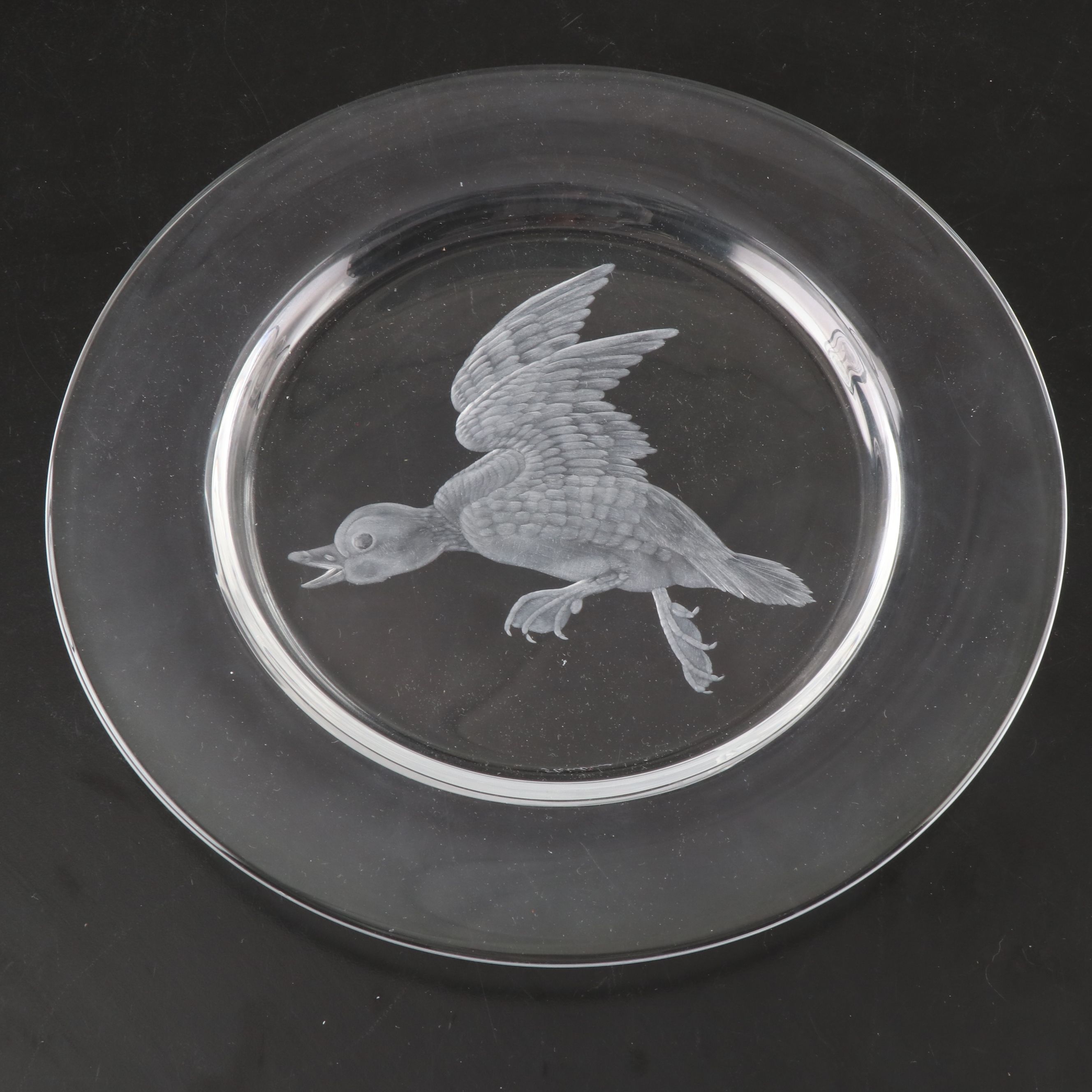 Steuben Glass "Audubon Birds" Etched Crystal Decorative Plates with Metal Stands