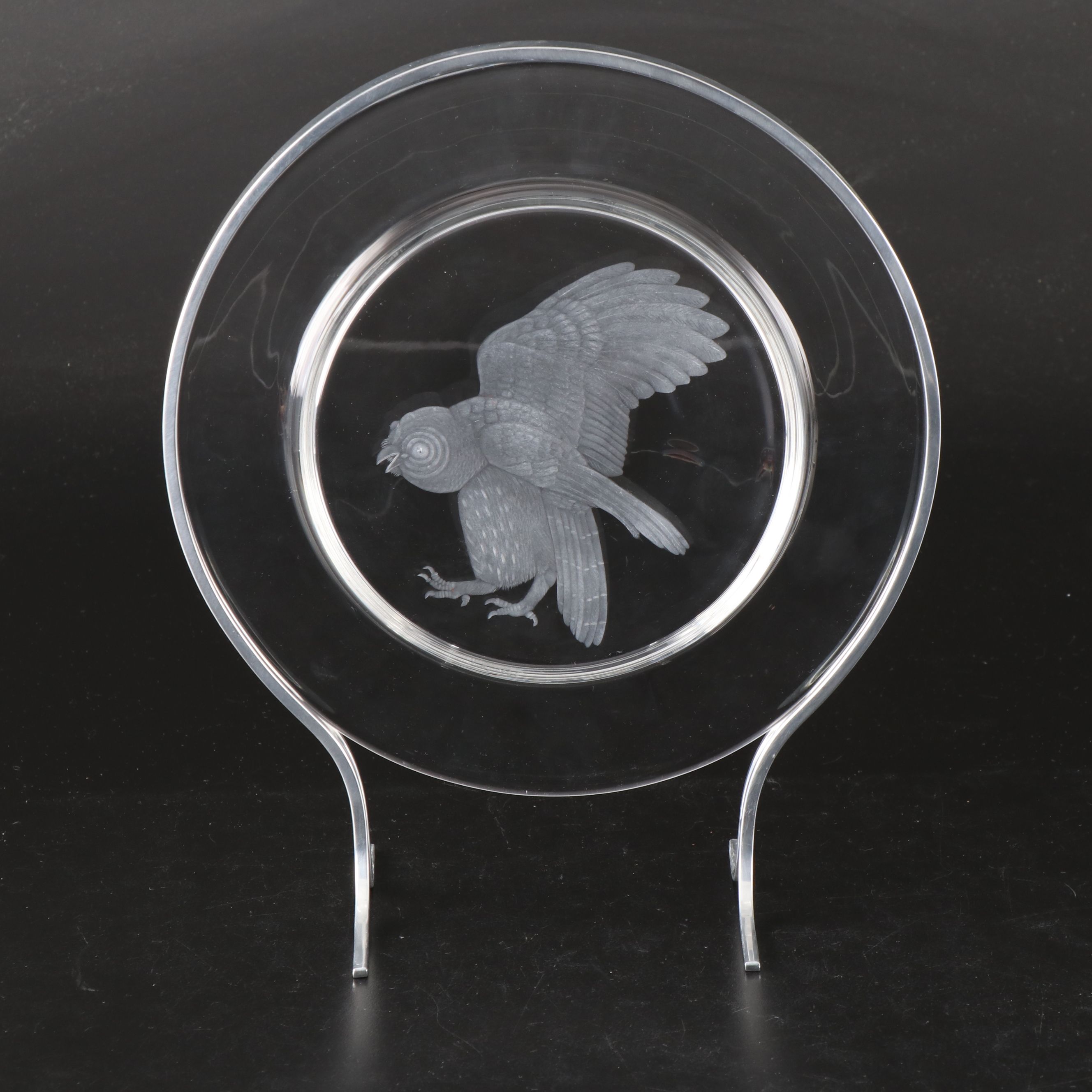Steuben Glass "Audubon Birds" Etched Crystal Decorative Plates with Metal Stands