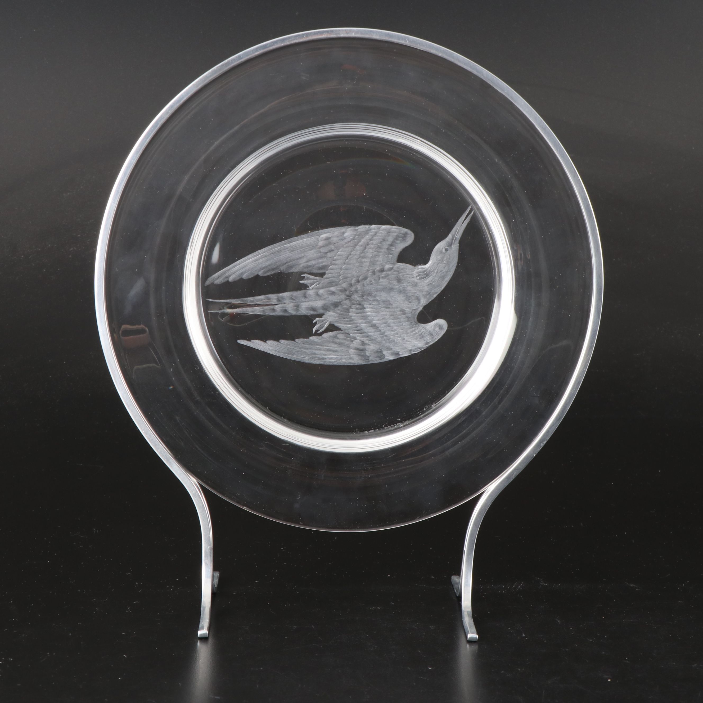 Steuben Glass "Audubon Birds" Etched Crystal Decorative Plates with Metal Stands