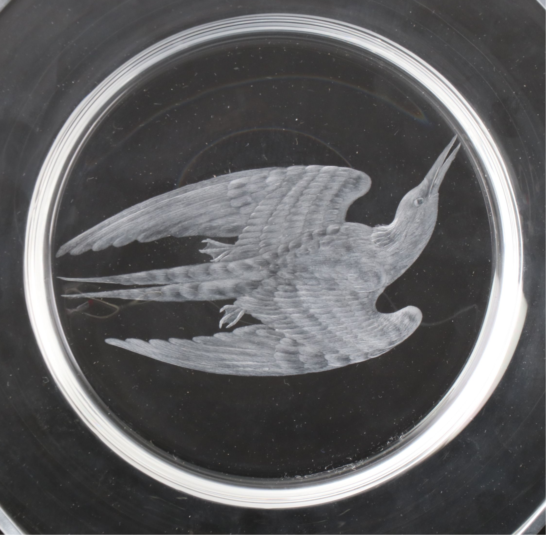 Steuben Glass "Audubon Birds" Etched Crystal Decorative Plates with Metal Stands