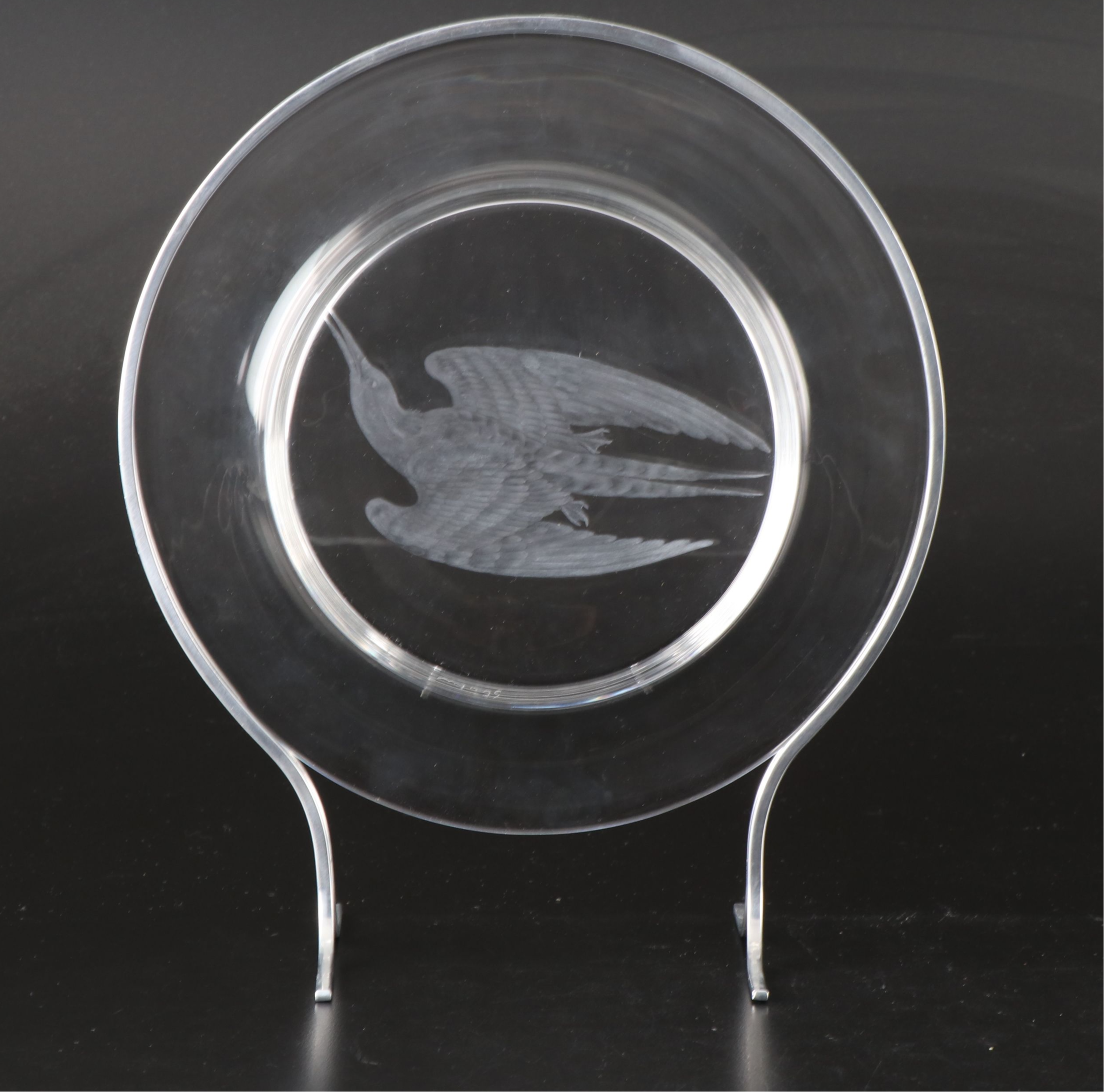 Steuben Glass "Audubon Birds" Etched Crystal Decorative Plates with Metal Stands