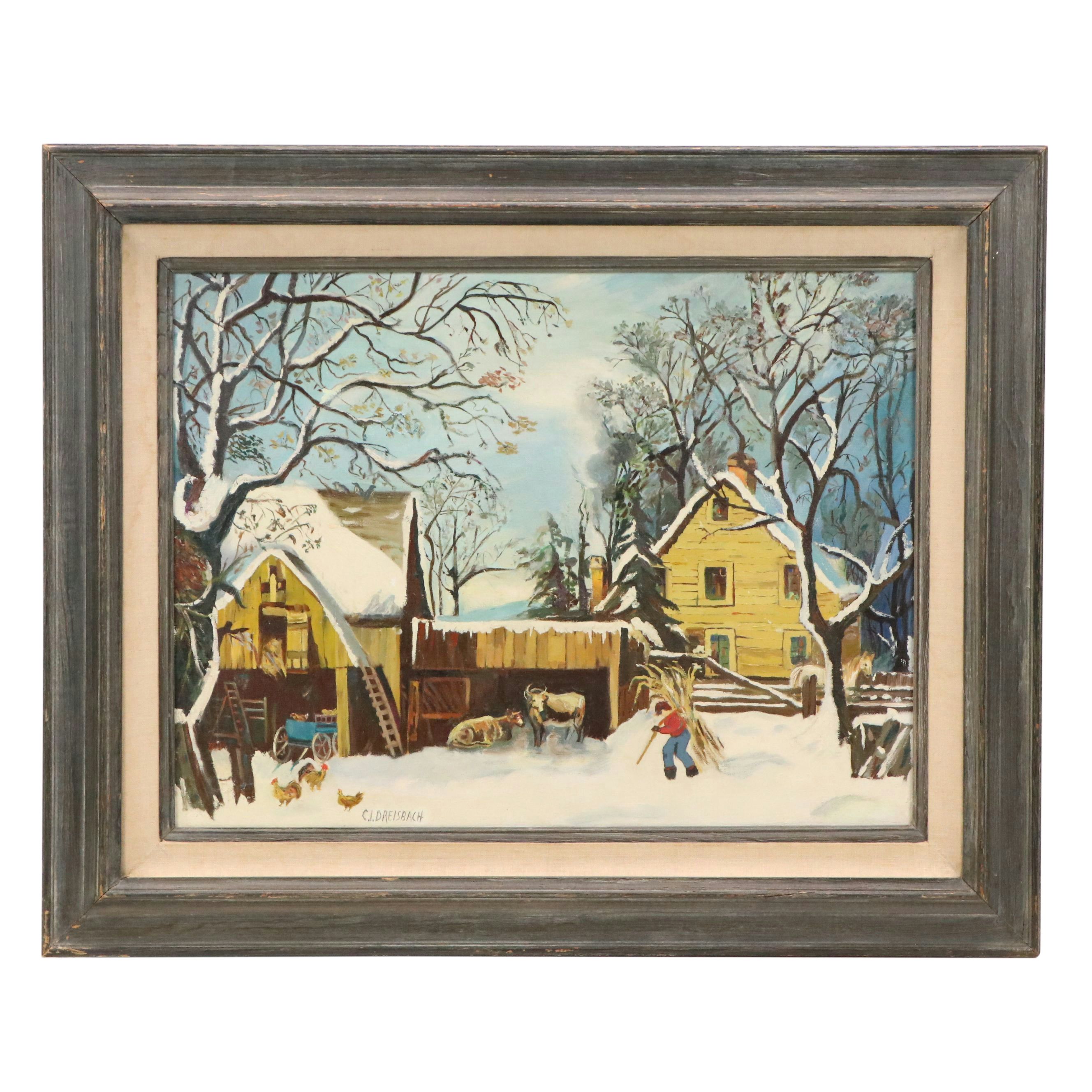 Clarence Ira Dreisbach Oil Painting of Snowy Barn Scene, Mid-20th Century