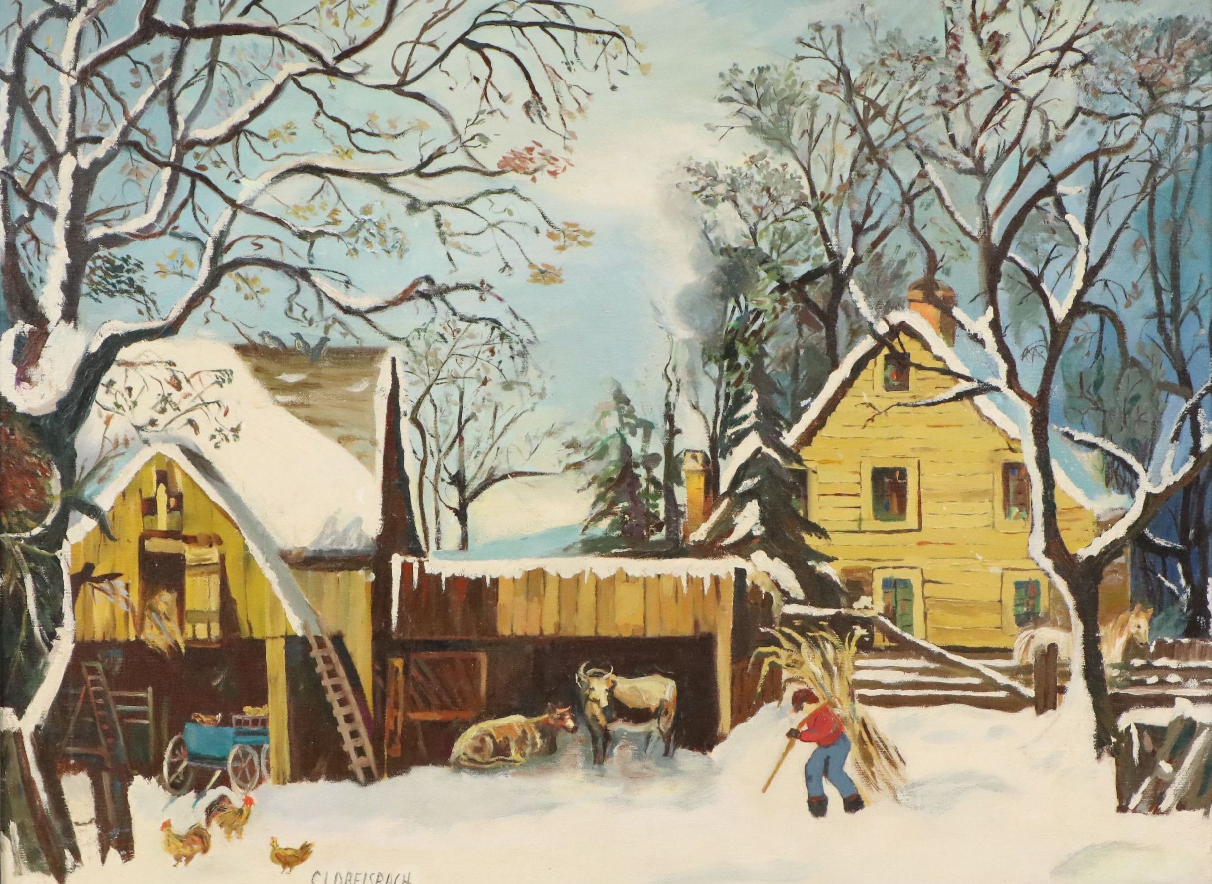 Clarence Ira Dreisbach Oil Painting of Snowy Barn Scene, Mid-20th Century