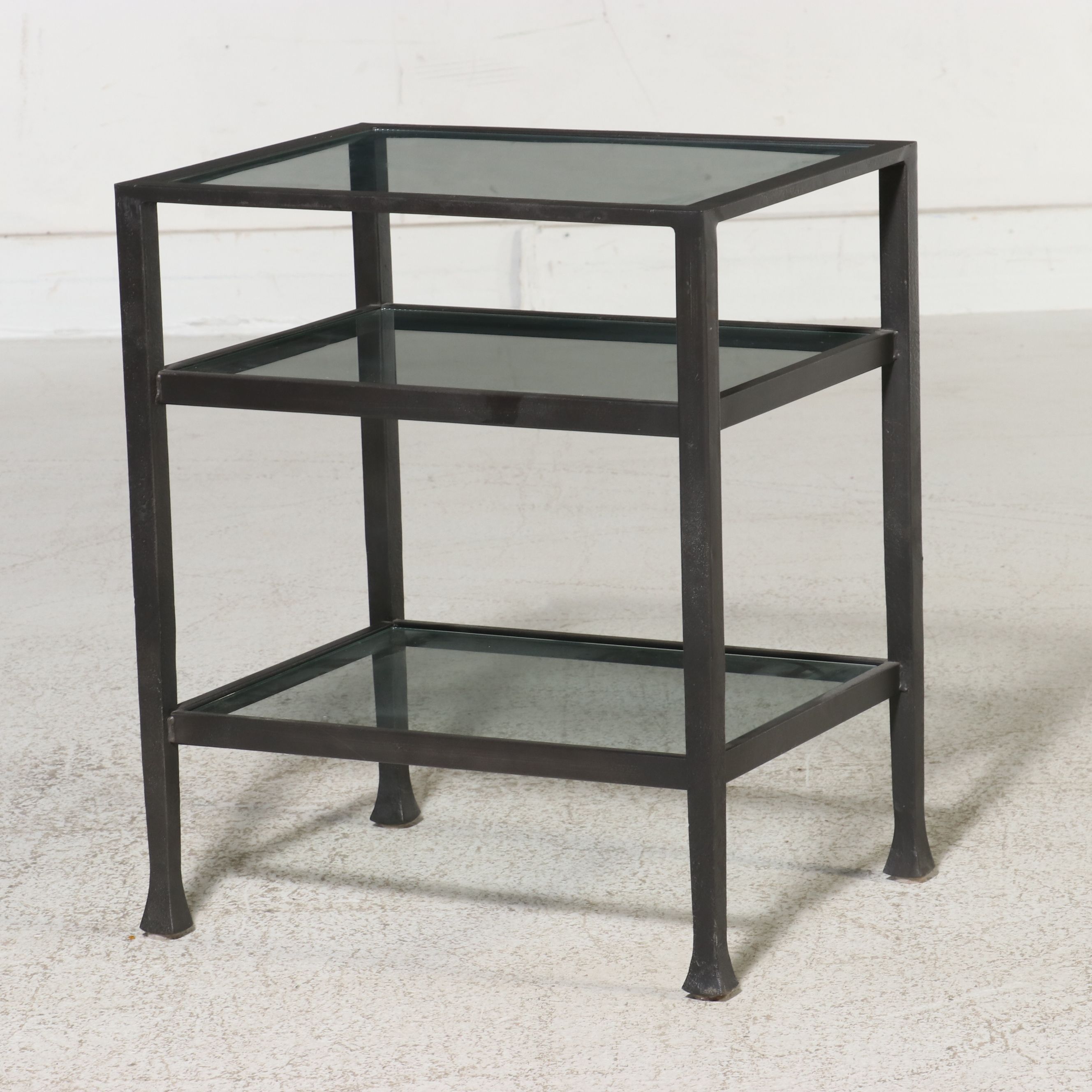 Contemporary Forged Iron Three-Tier Glass Top Side Table, 21st Century