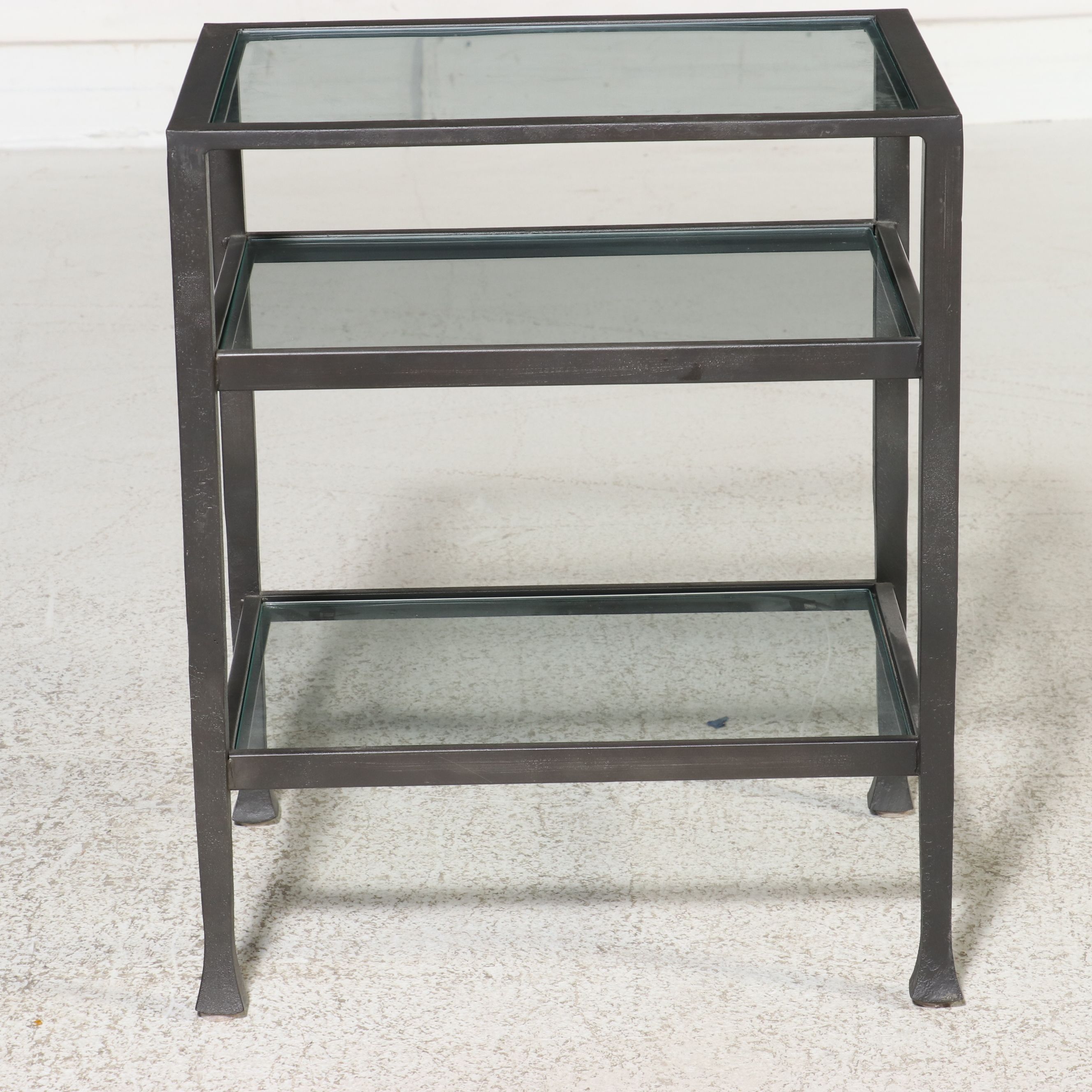 Contemporary Forged Iron Three-Tier Glass Top Side Table, 21st Century