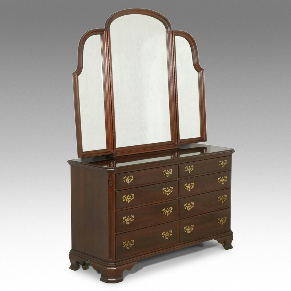 Ethan Allen Federal Style Cherry Dresser with Tri-Fold Mirror