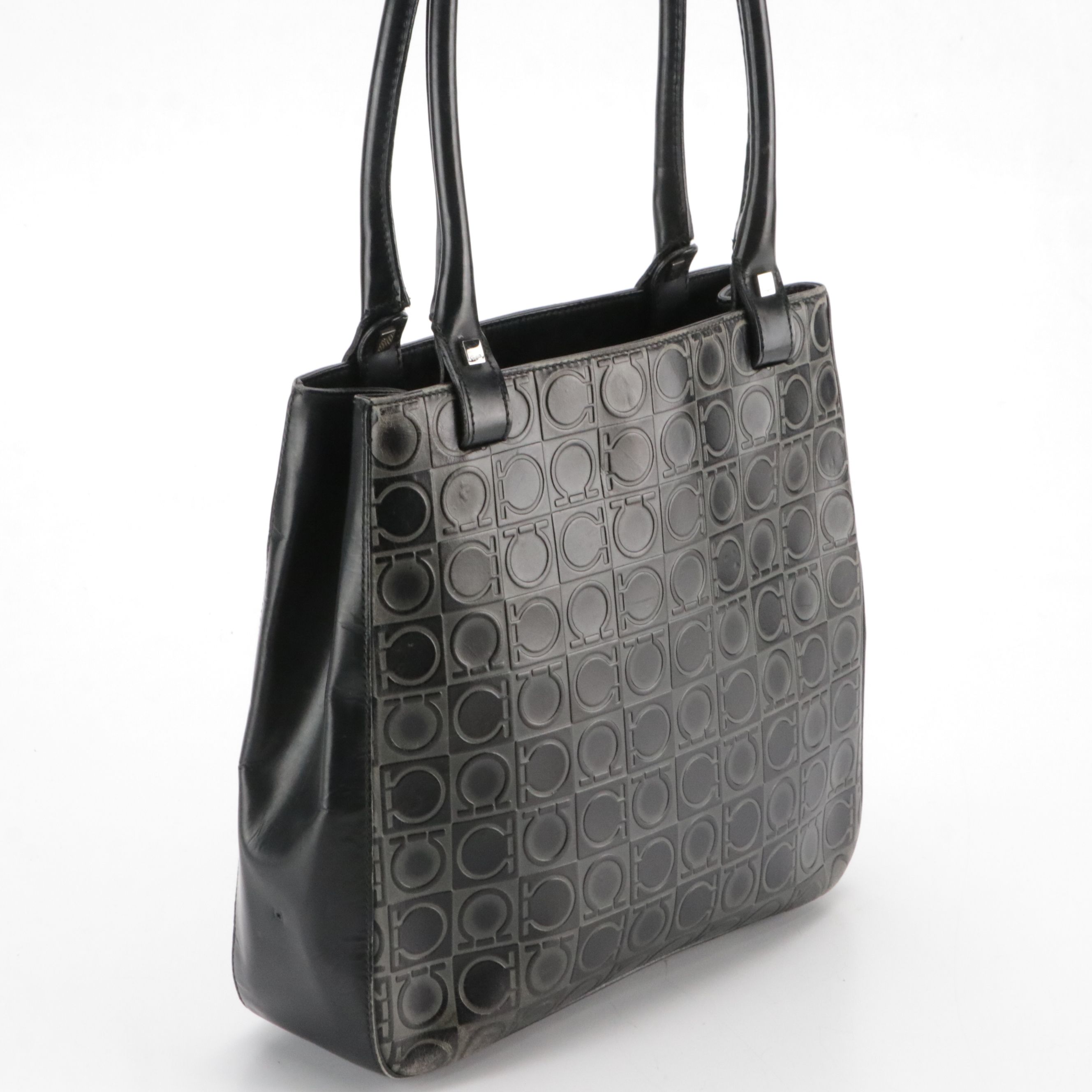Salvatore Ferragamo Black/Grey Gancini Embossed Leather Tote Bag